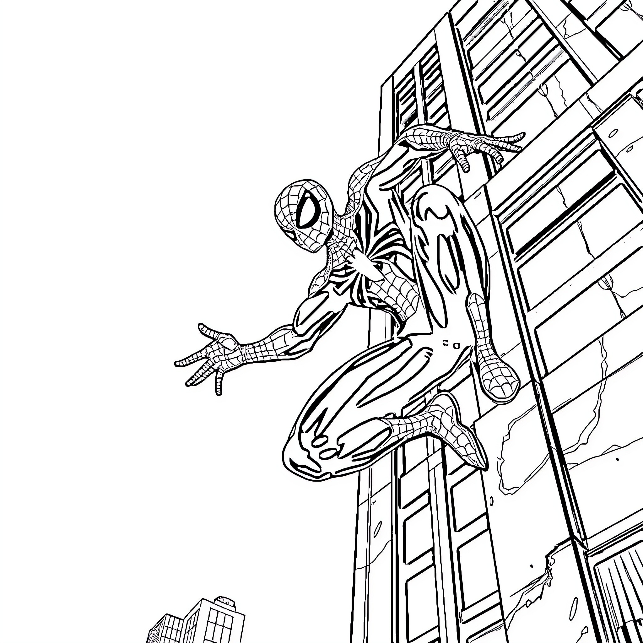 Spiderman climbing buildings in the city Coloring Page (free black-and-white line drawing printable PDF for all, from beginners to advanced learners, including children, teens, adults, and seniors)