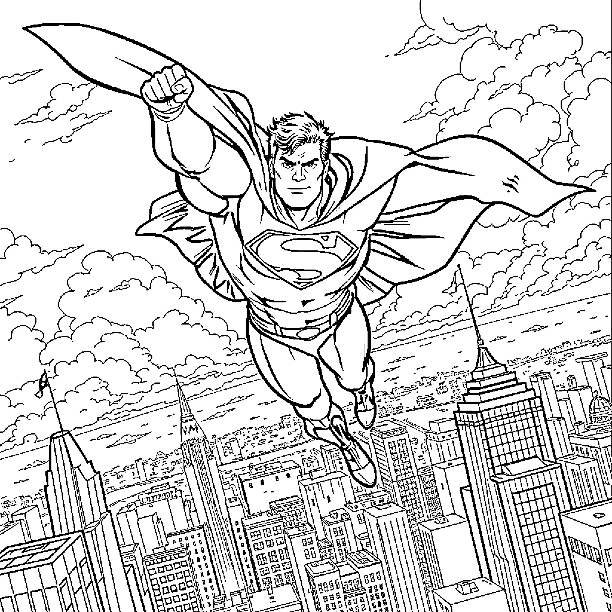 Superman soaring over the city Coloring Page (free black-and-white line drawing printable PDF for all, from beginners to advanced learners, including children, teens, adults, and seniors)