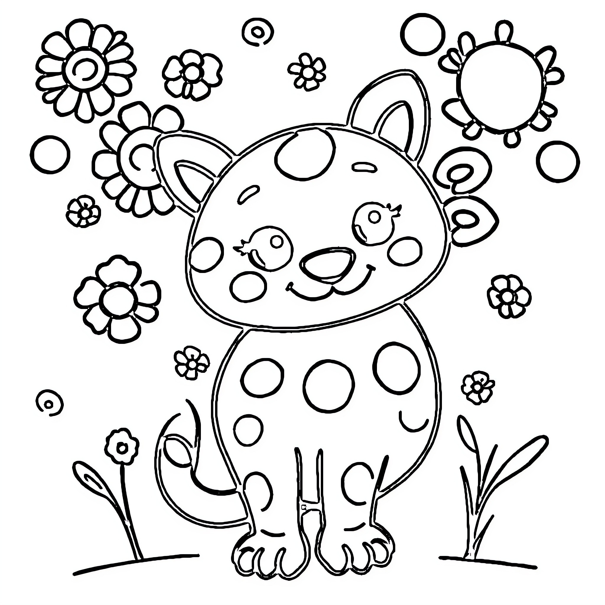School Spotty Kitten with Flowers Coloring Page (free black-and-white line drawing printable PDF for all, from beginners to advanced learners, including children, teens, adults, and seniors)