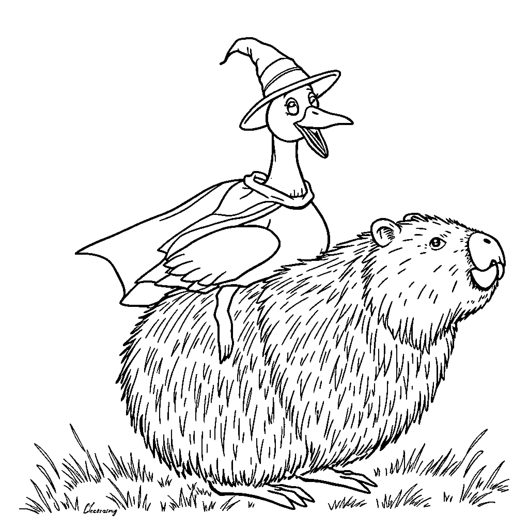 Goose riding on top of a large furry creature Coloring Page (free black-and-white line drawing printable PDF for all, from beginners to advanced learners, including children, teens, adults, and seniors)