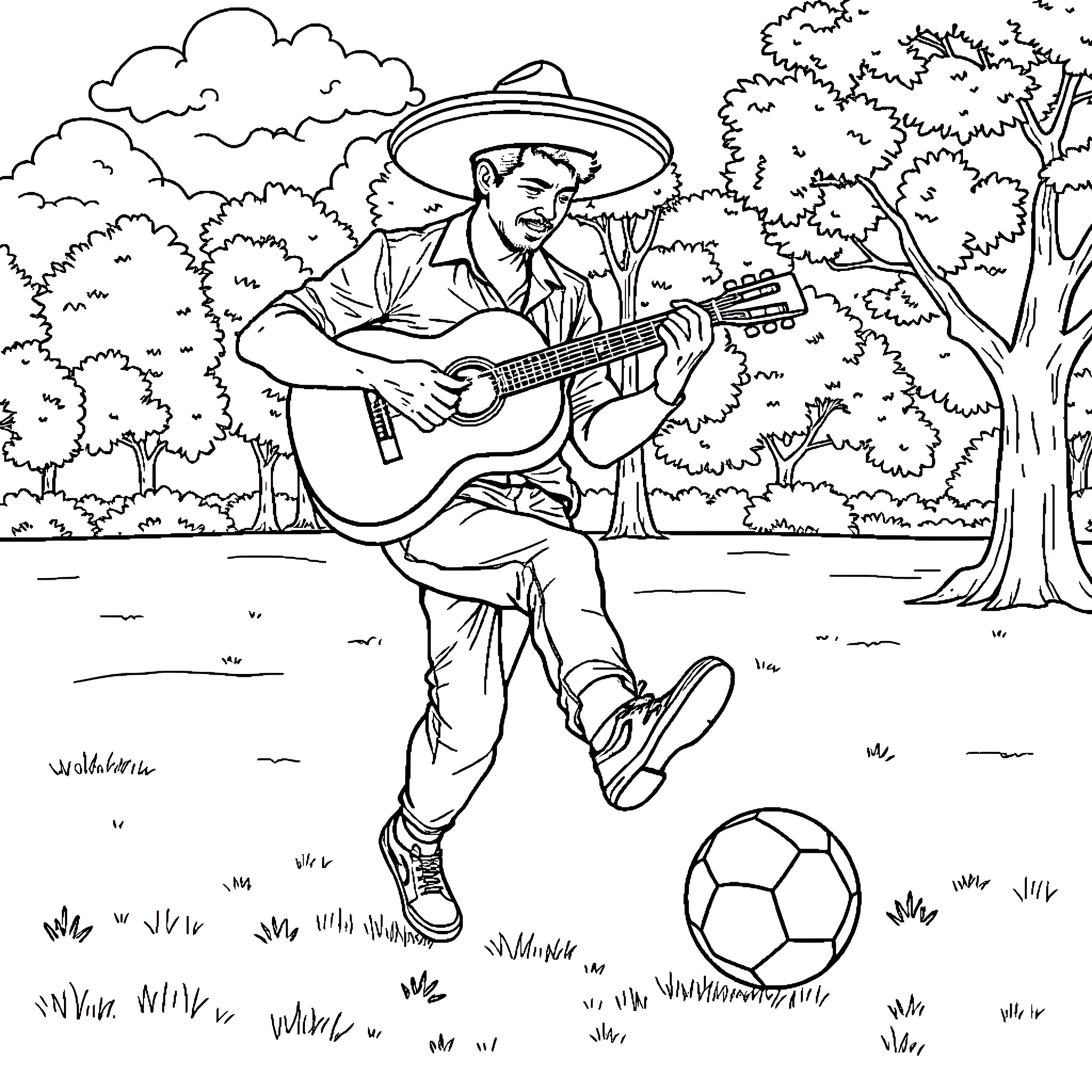Mexican musician playing guitar outdoors Coloring Page (free black-and-white line drawing printable PDF for all, from beginners to advanced learners, including children, teens, adults, and seniors)