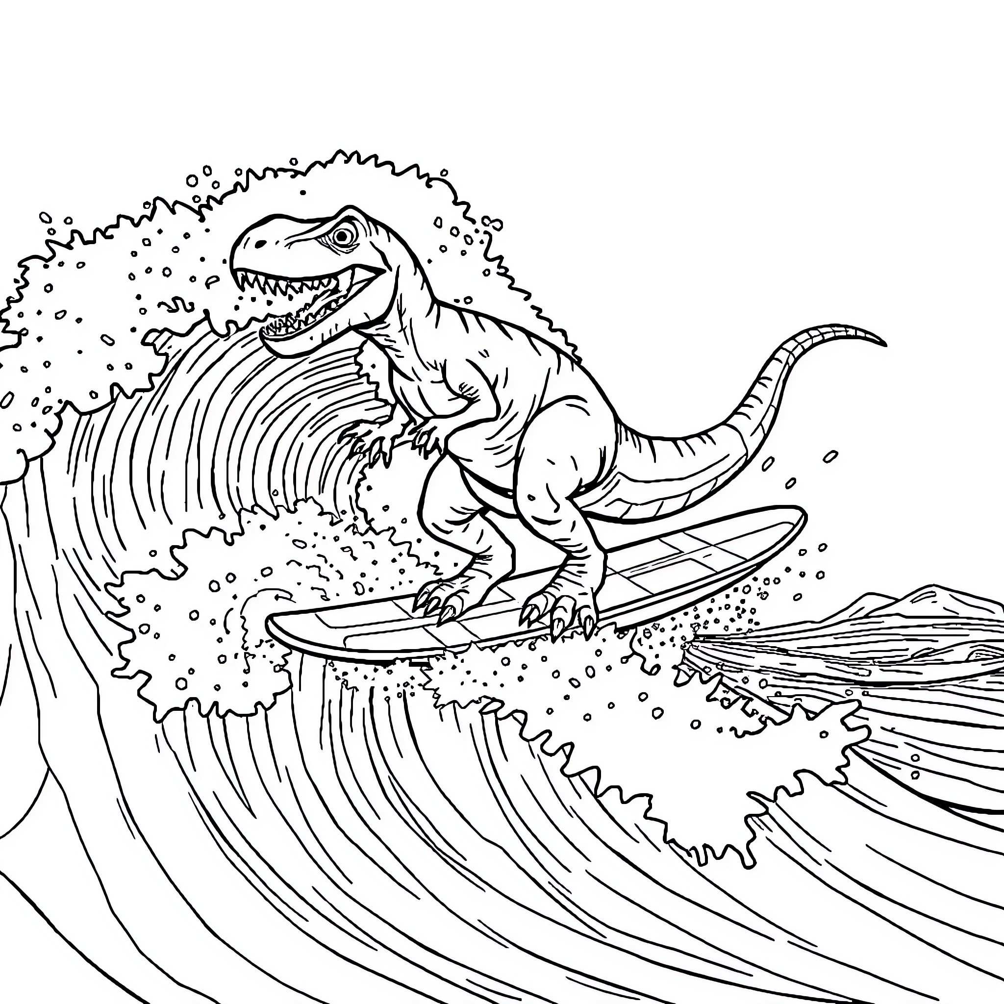 T-Rex surfing on ocean waves Coloring Page (free black-and-white line drawing printable PDF for all, from beginners to advanced learners, including children, teens, adults, and seniors)