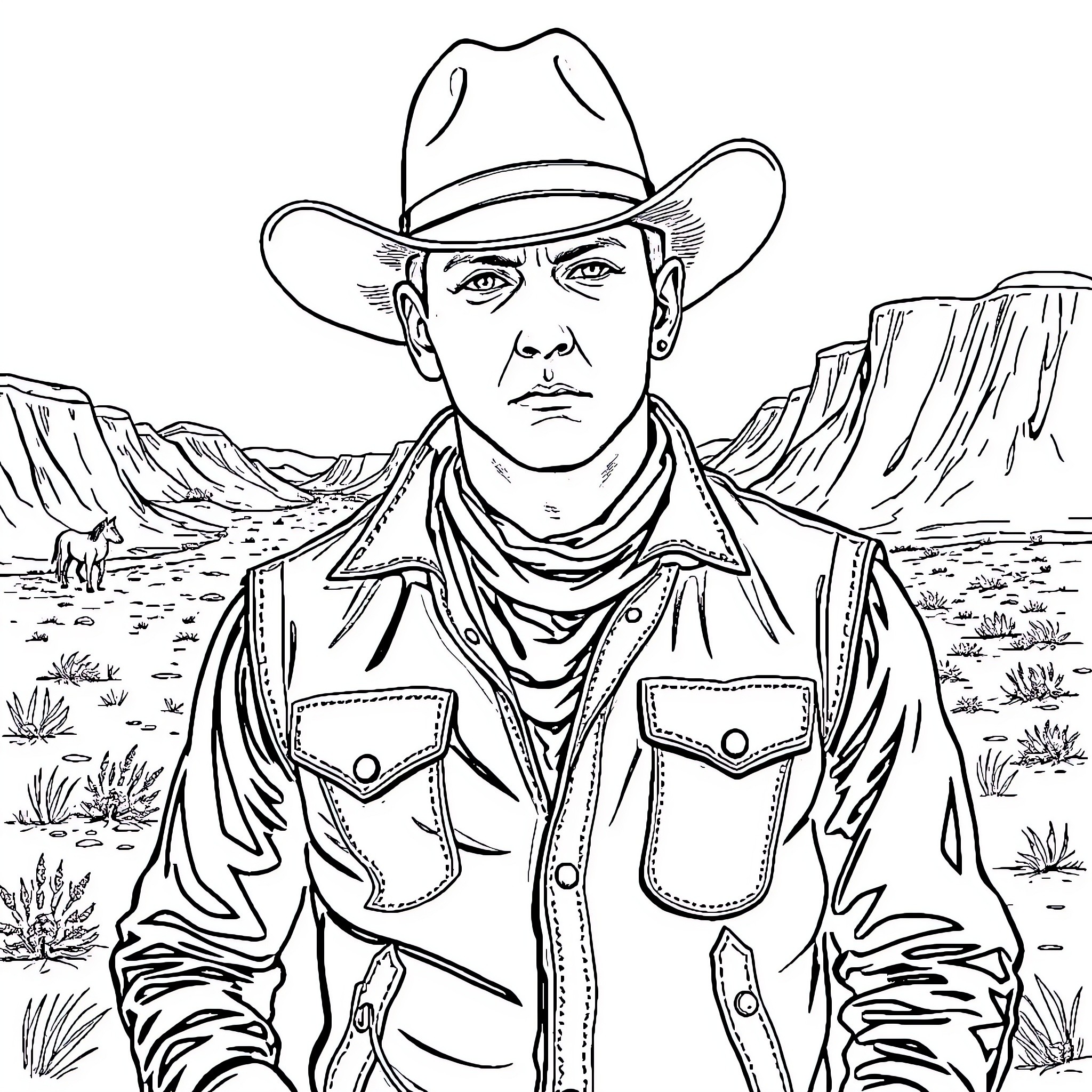 Eminem Portrays Rugged Cowboy in Dramatic Desert Landscape Coloring Page (free black-and-white line drawing printable PDF for all, from beginners to advanced learners, including children, teens, adults, and seniors)