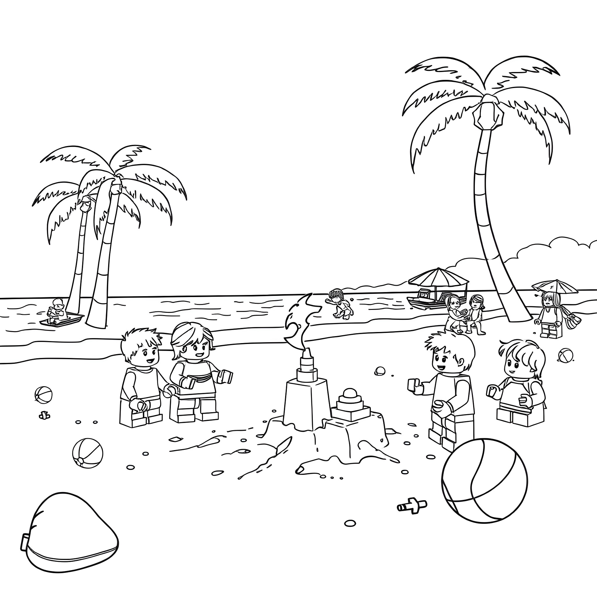 Lego People Building Sandcastles on the Beach Coloring Page (free black-and-white line drawing printable PDF for all, from beginners to advanced learners, including children, teens, adults, and seniors)