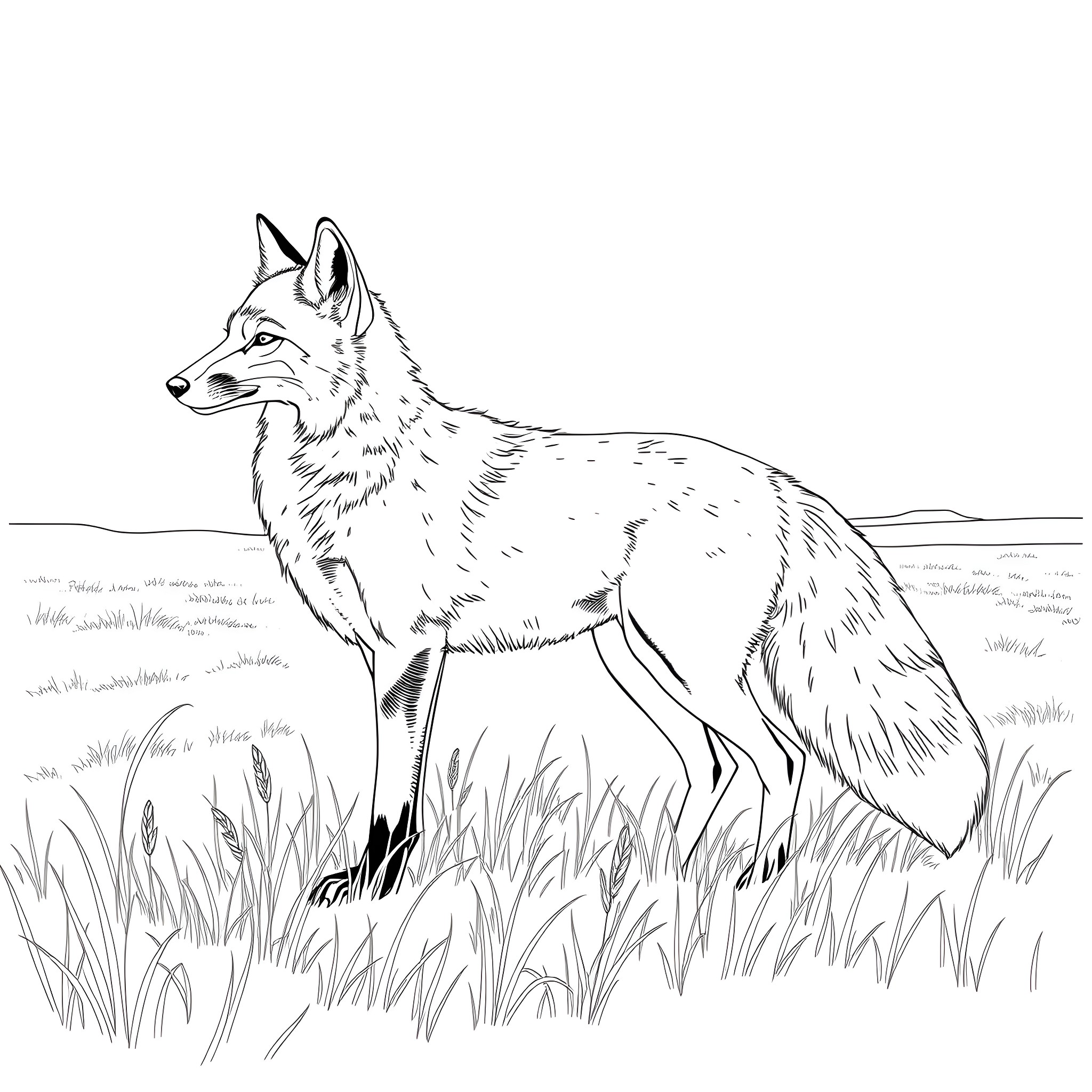 Fox Stands Watchfully in Grassy Field Coloring Page (free black-and-white line drawing printable PDF for all, from beginners to advanced learners, including children, teens, adults, and seniors)