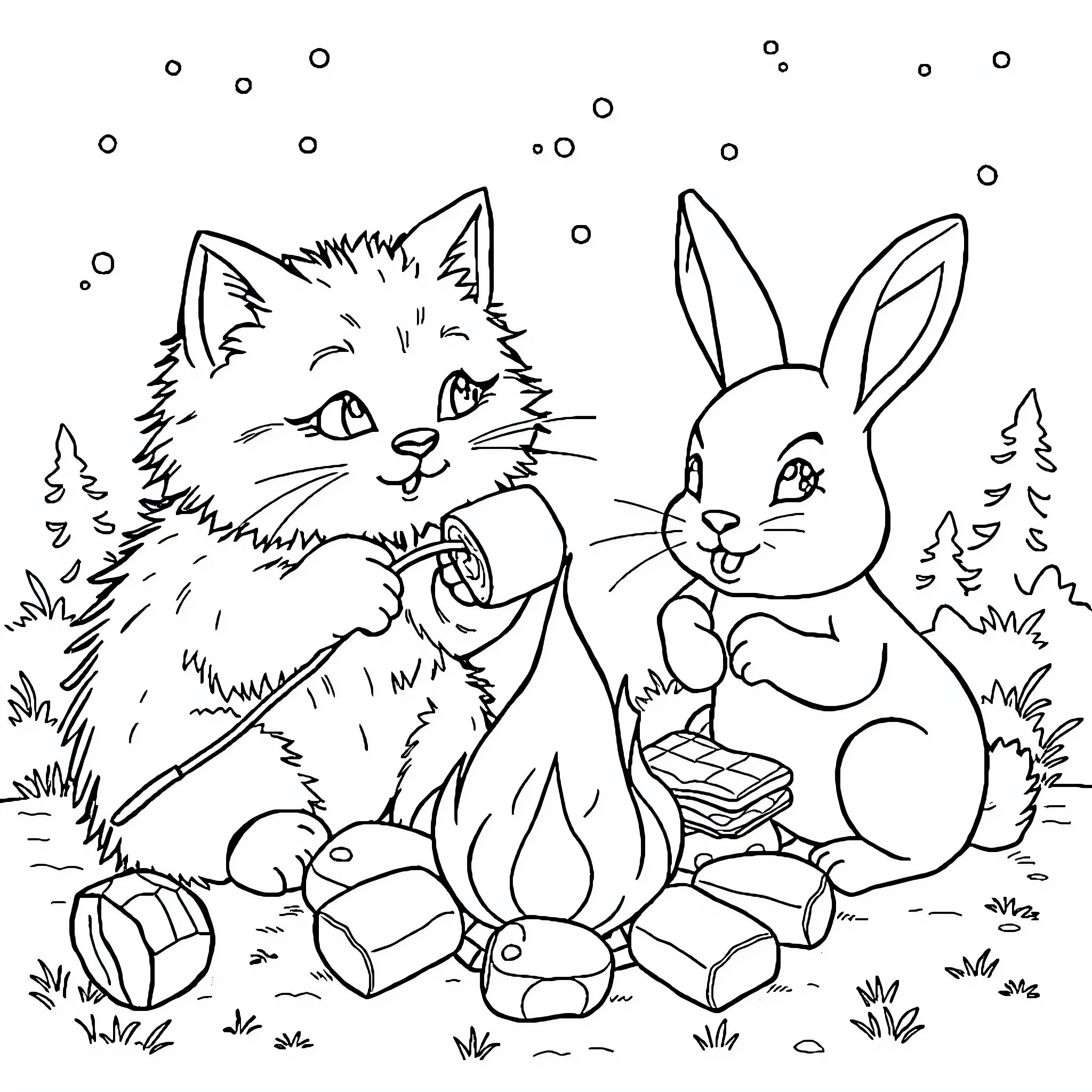 Cat and Rabbit Playing in the Wilderness Coloring Page (free black-and-white line drawing printable PDF for all, from beginners to advanced learners, including children, teens, adults, and seniors)