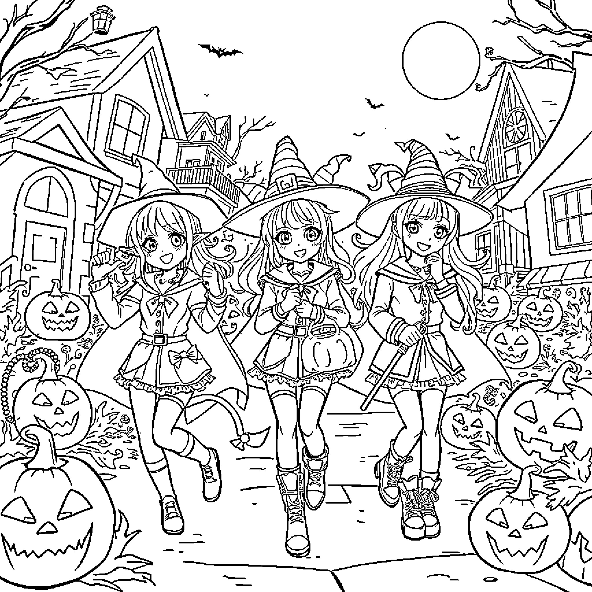 Demon Hunter Girls Explore Haunted Town on Halloween Coloring Page (free black-and-white line drawing printable PDF for all, from beginners to advanced learners, including children, teens, adults, and seniors)