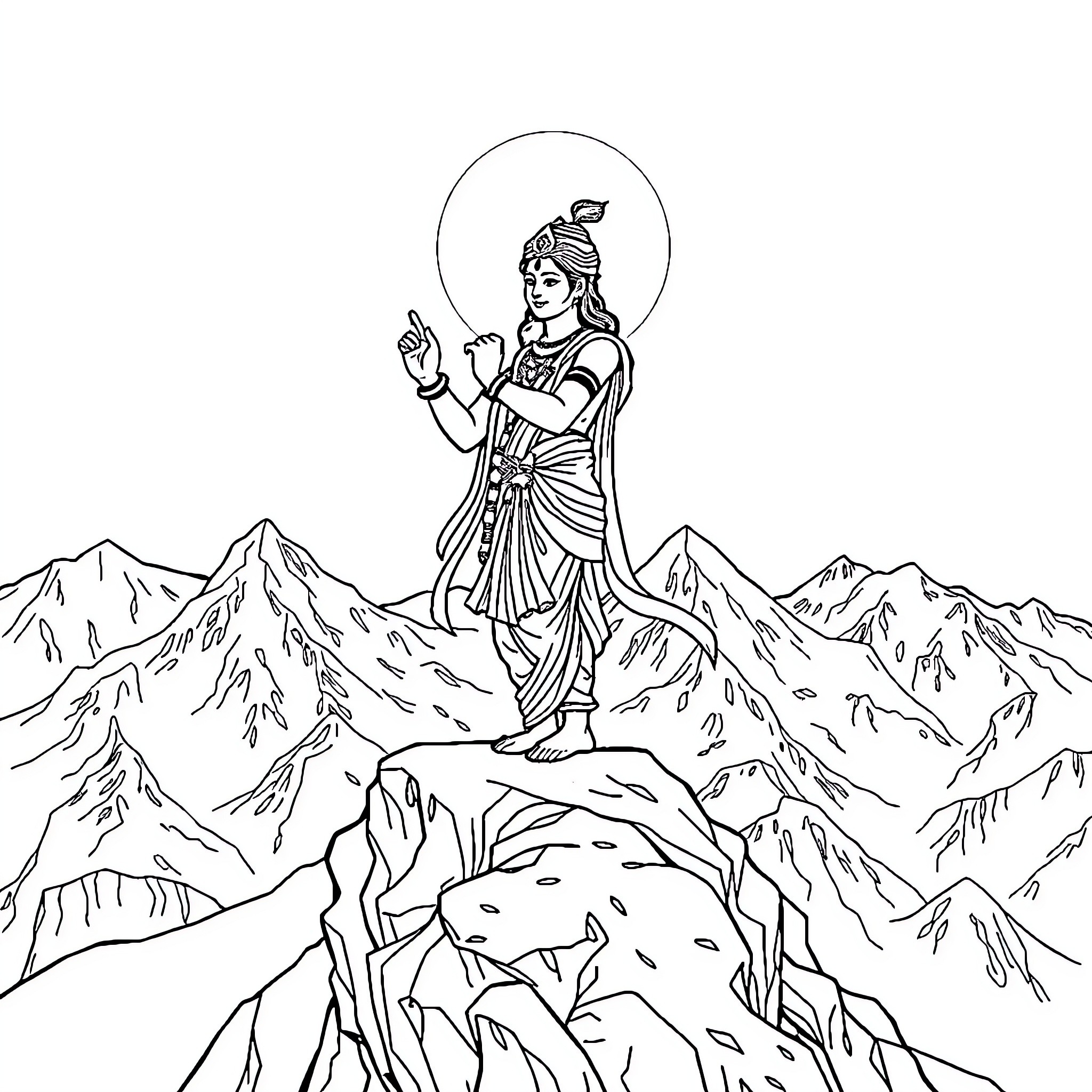Krishna standing majestically amid the mountains Coloring Page (free black-and-white line drawing printable PDF for all, from beginners to advanced learners, including children, teens, adults, and seniors)