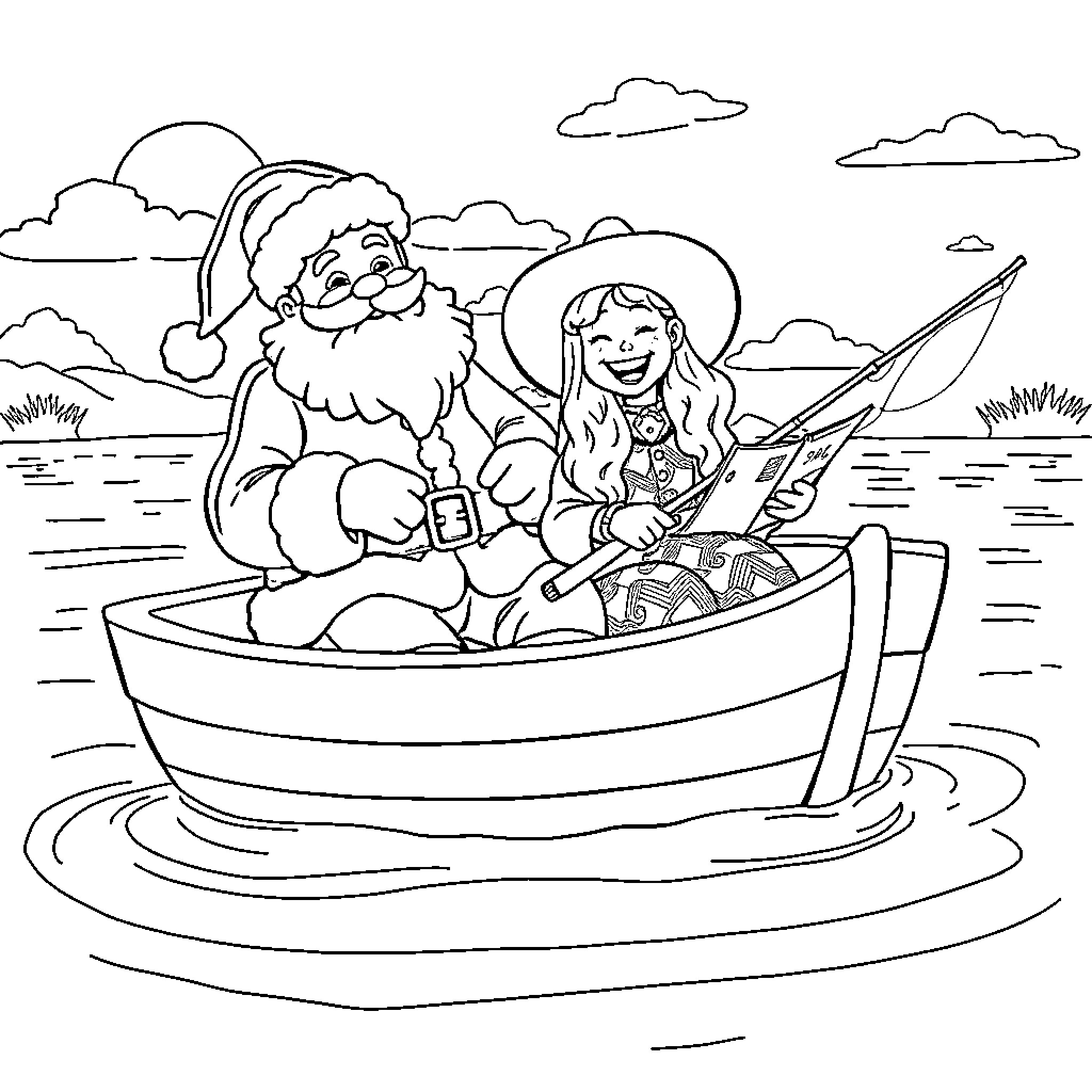 Santa Claus fishing with a young girl Coloring Page (free black-and-white line drawing printable PDF for all, from beginners to advanced learners, including children, teens, adults, and seniors)