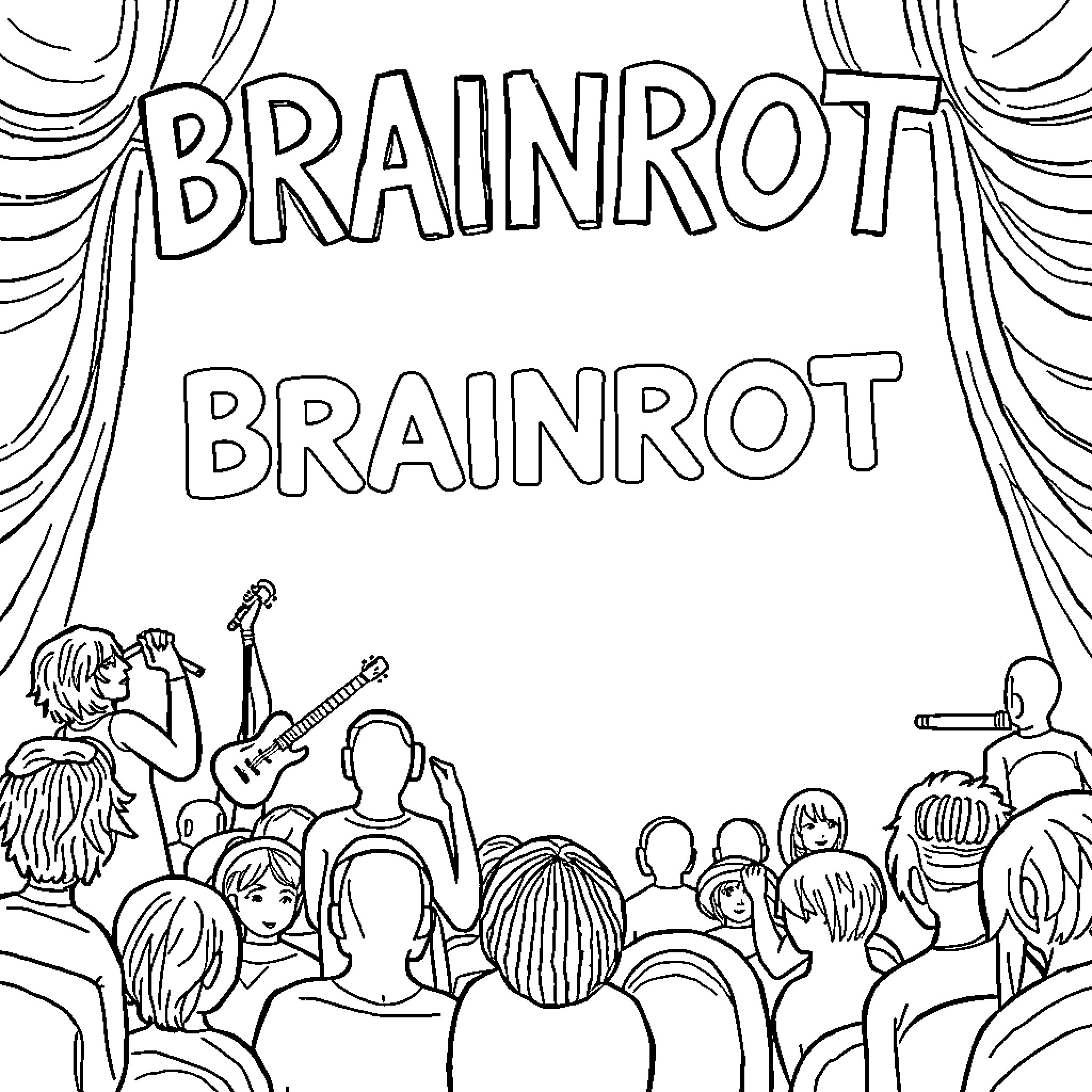 Italian Brainrot: Rock concert with enthusiastic audience Coloring Page (free black-and-white line drawing printable PDF for all, from beginners to advanced learners, including children, teens, adults, and seniors)
