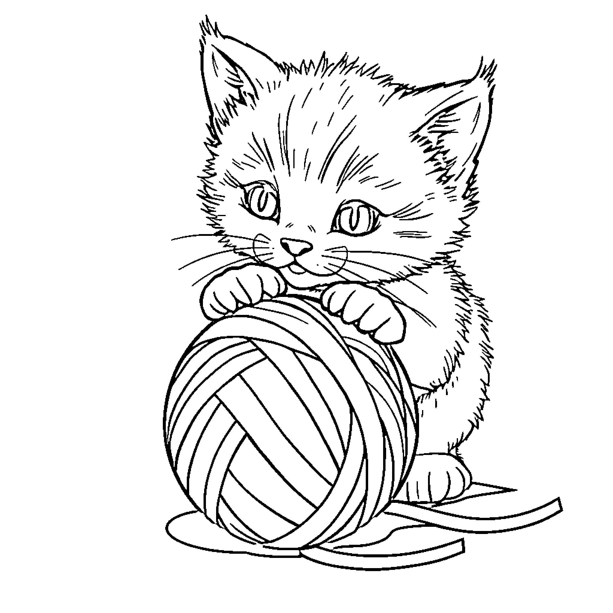 Kitten playing with yarn Coloring Page (free black-and-white line drawing printable PDF for all, from beginners to advanced learners, including children, teens, adults, and seniors)
