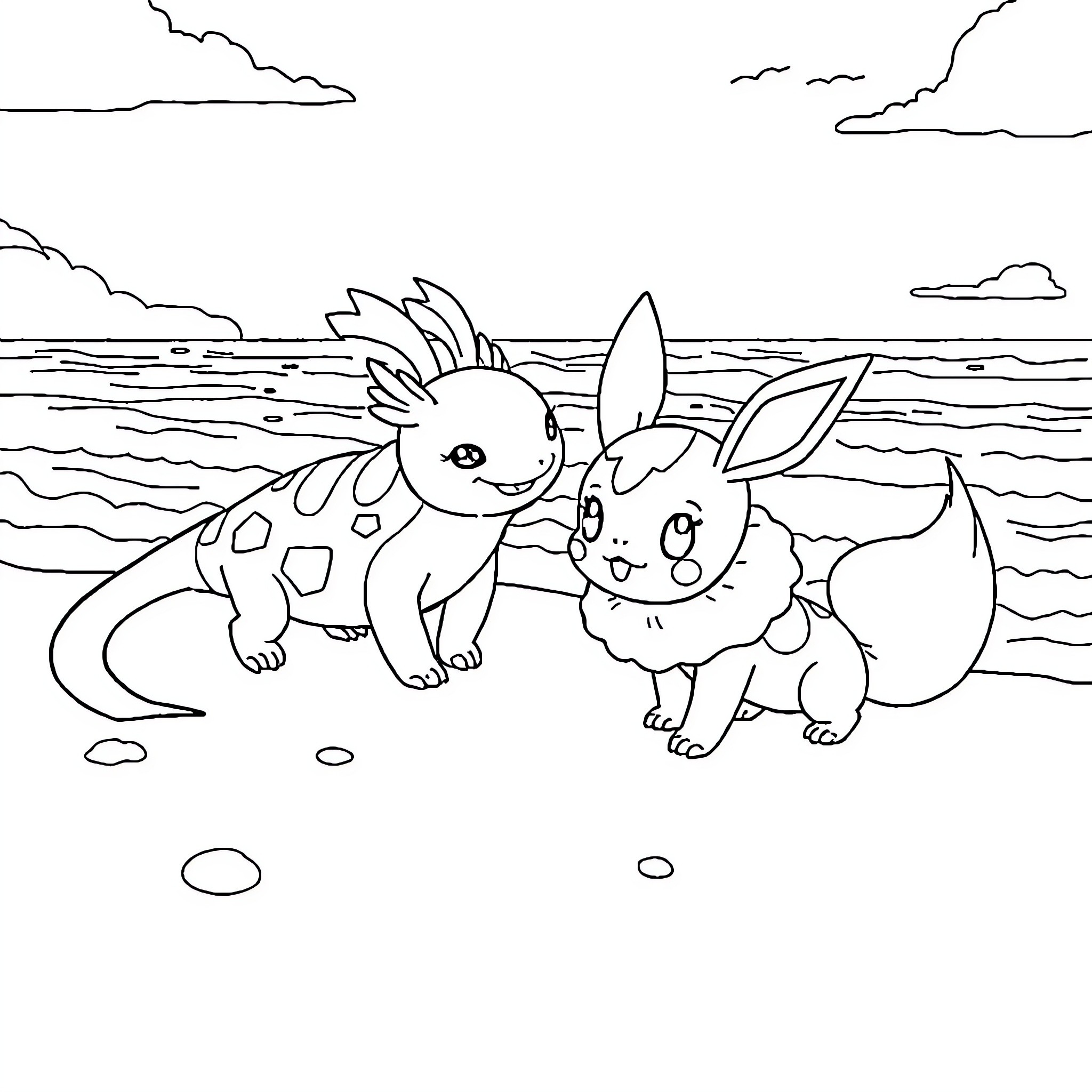 Axolotl playing on the beach with a rabbit Coloring Page (free black-and-white line drawing printable PDF for all, from beginners to advanced learners, including children, teens, adults, and seniors)