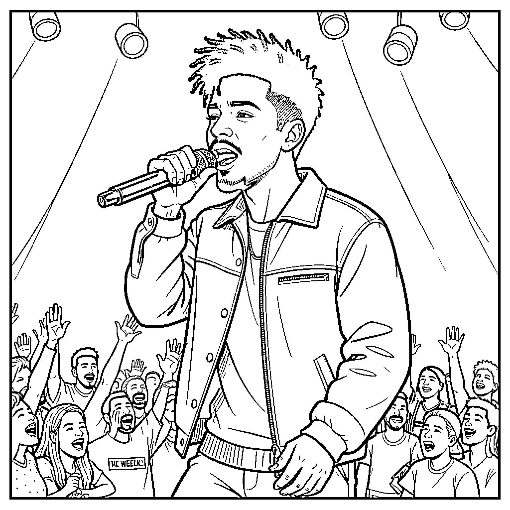 The Weeknd singing into a microphone during a performance Coloring Page (free black-and-white line drawing printable PDF for all, from beginners to advanced learners, including children, teens, adults, and seniors)