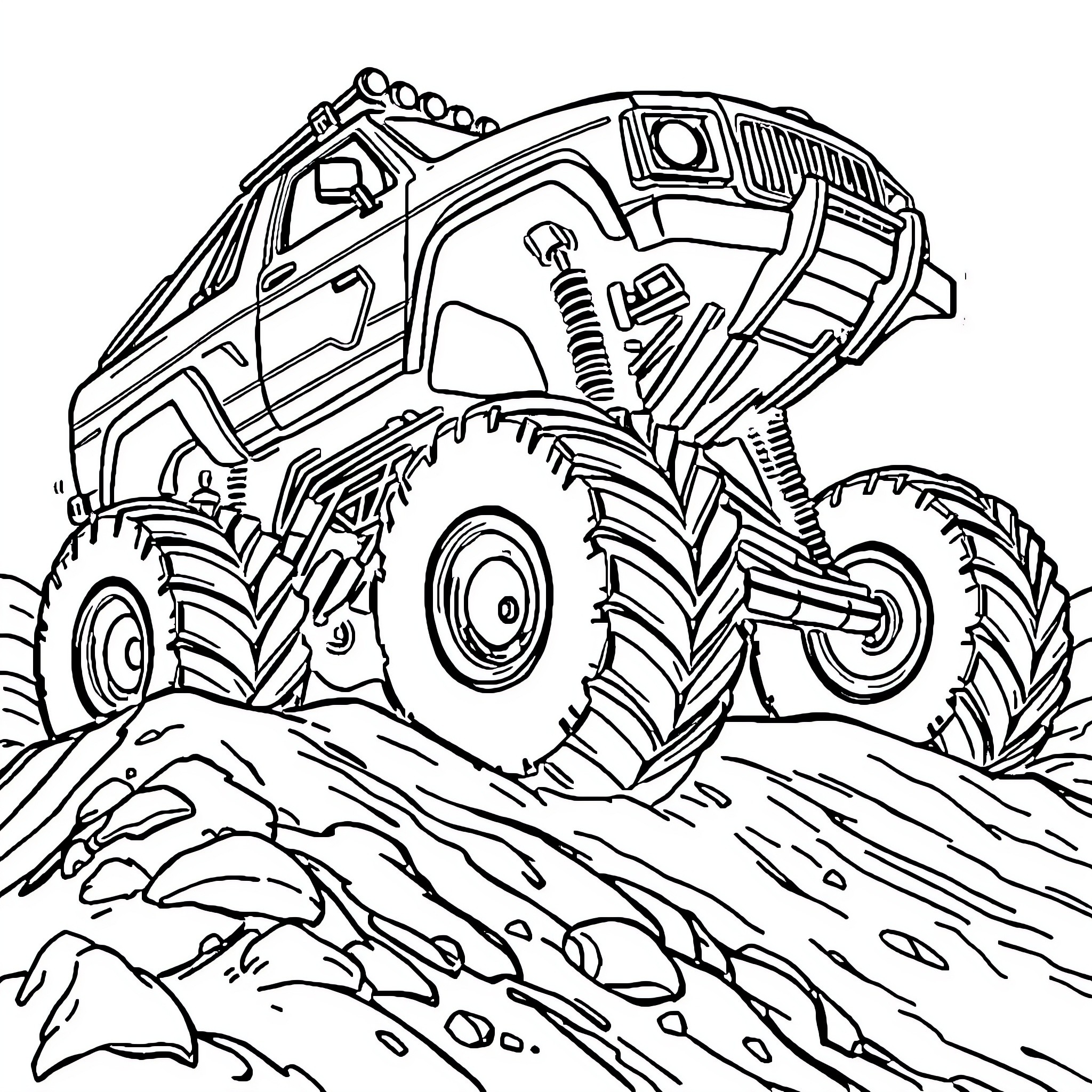 Monster Truck Crushing through Rugged Terrain Coloring Page (free black-and-white line drawing printable PDF for all, from beginners to advanced learners, including children, teens, adults, and seniors)