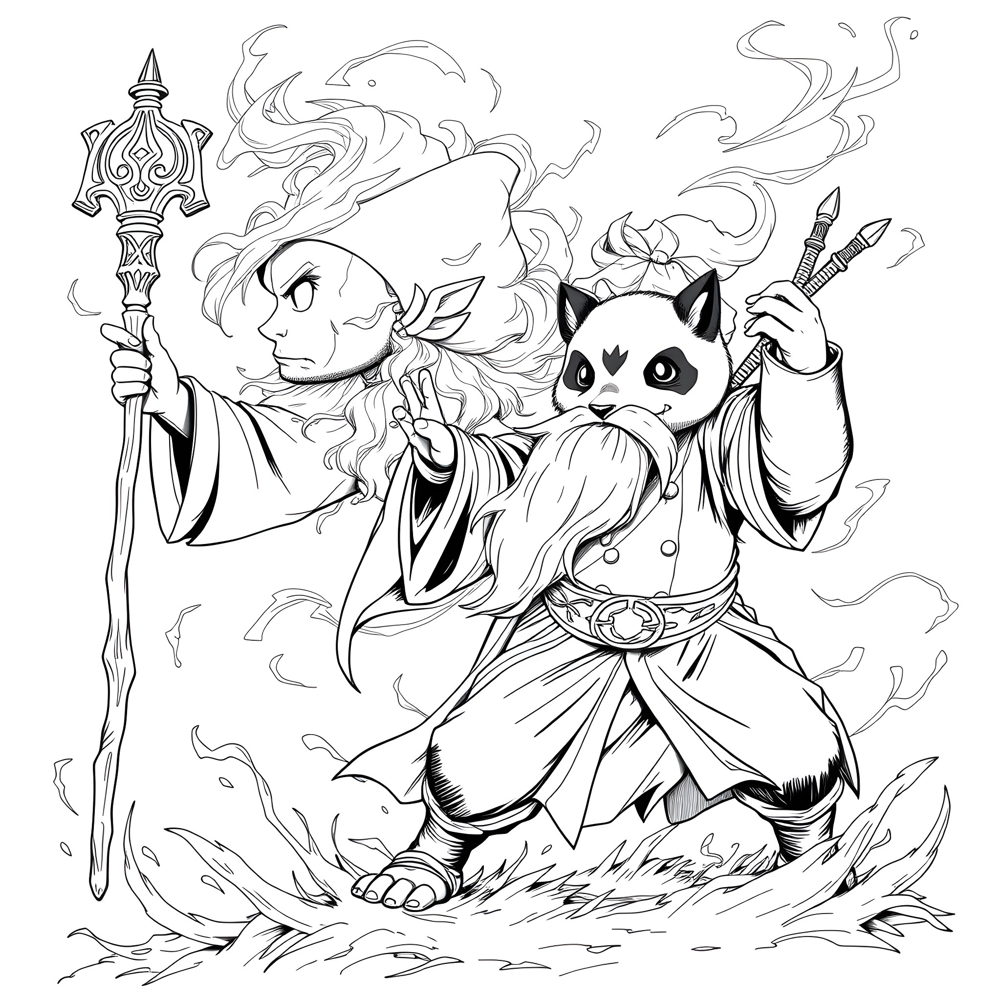 Gandalf the Wise Wizard and Adorable Cat Companion Coloring Page (free black-and-white line drawing printable PDF for all, from beginners to advanced learners, including children, teens, adults, and seniors)