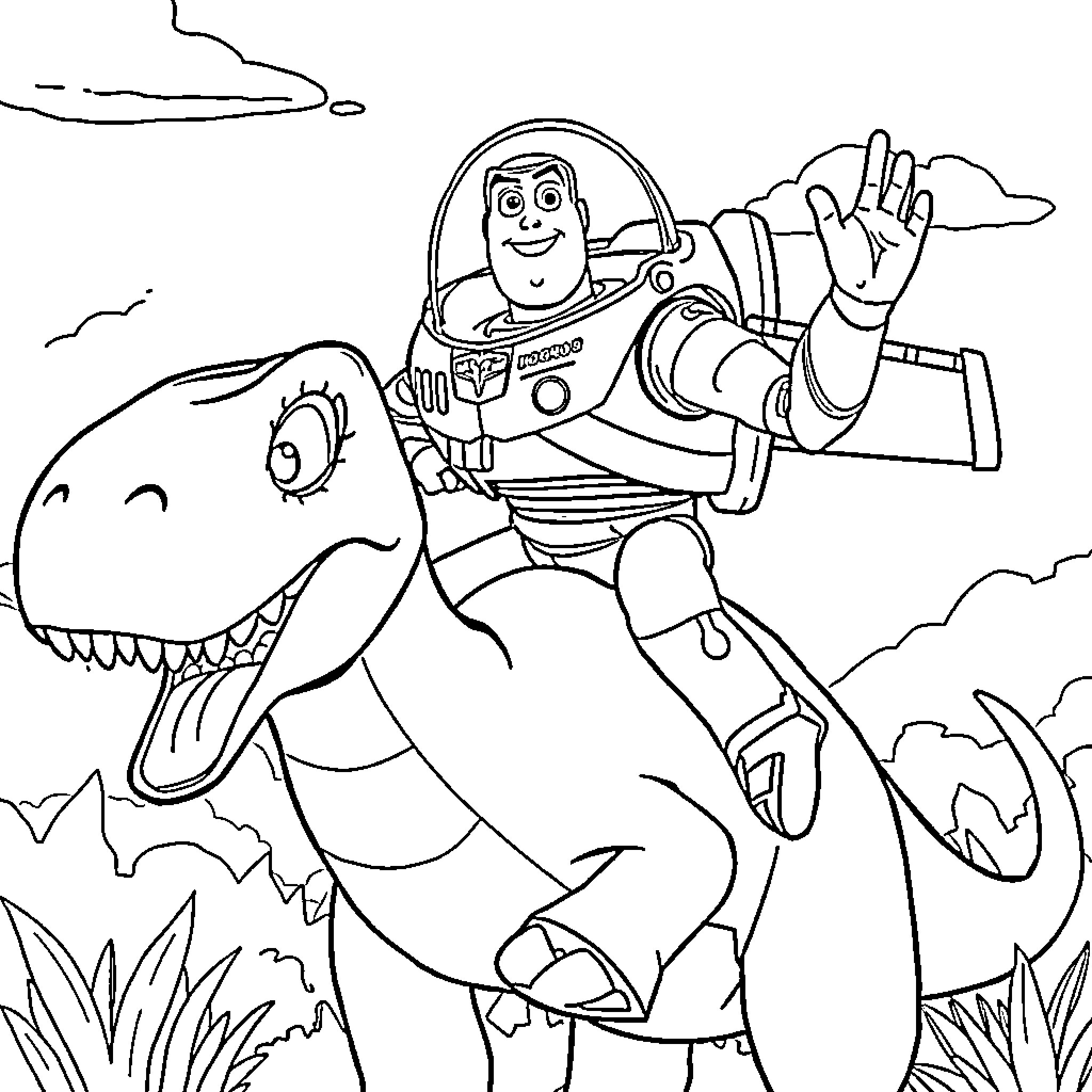 Buzz Lightyear's Heroic Encounter with the Dinosaur Coloring Page (free black-and-white line drawing printable PDF for all, from beginners to advanced learners, including children, teens, adults, and seniors)