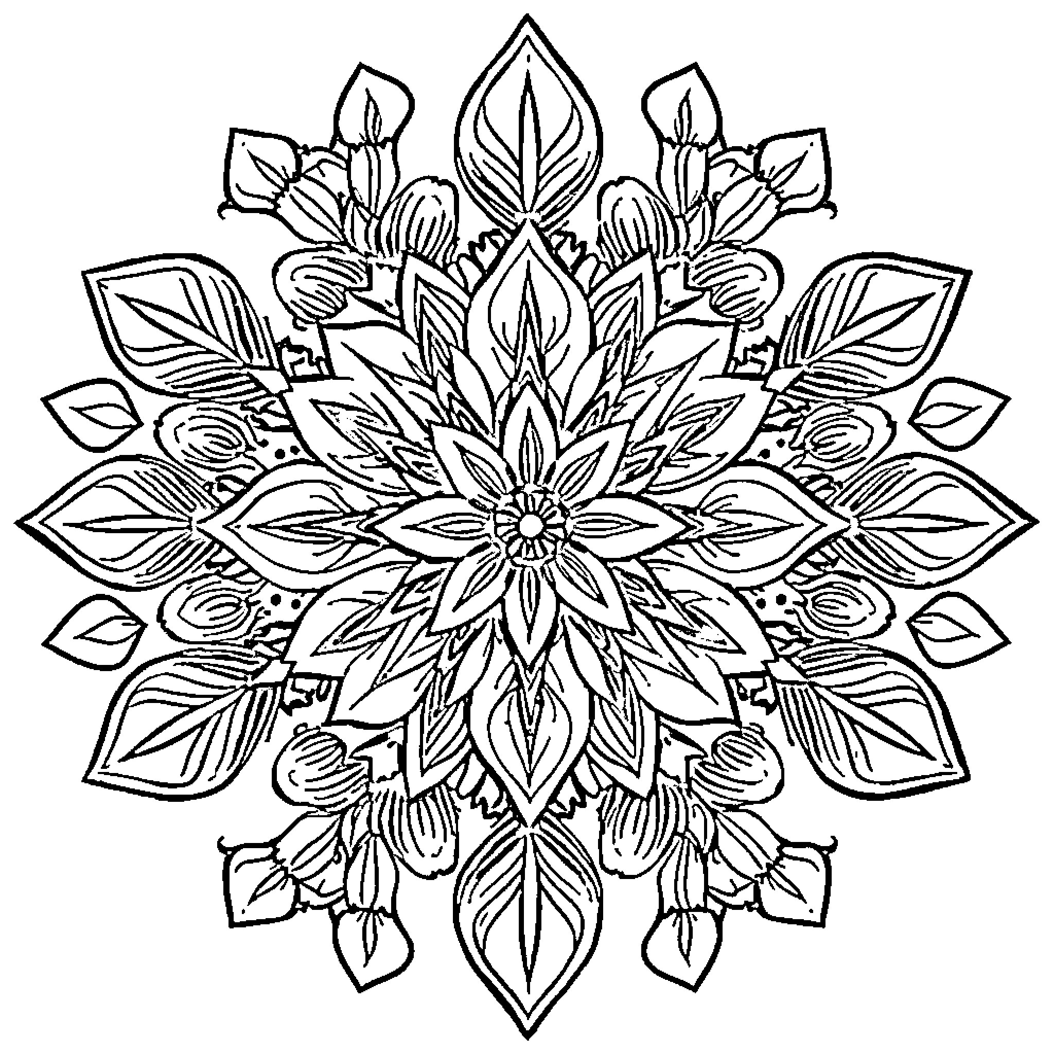 Mandala with intricate floral patterns and symmetrical design Coloring Page (free black-and-white line drawing printable PDF for all, from beginners to advanced learners, including children, teens, adults, and seniors)