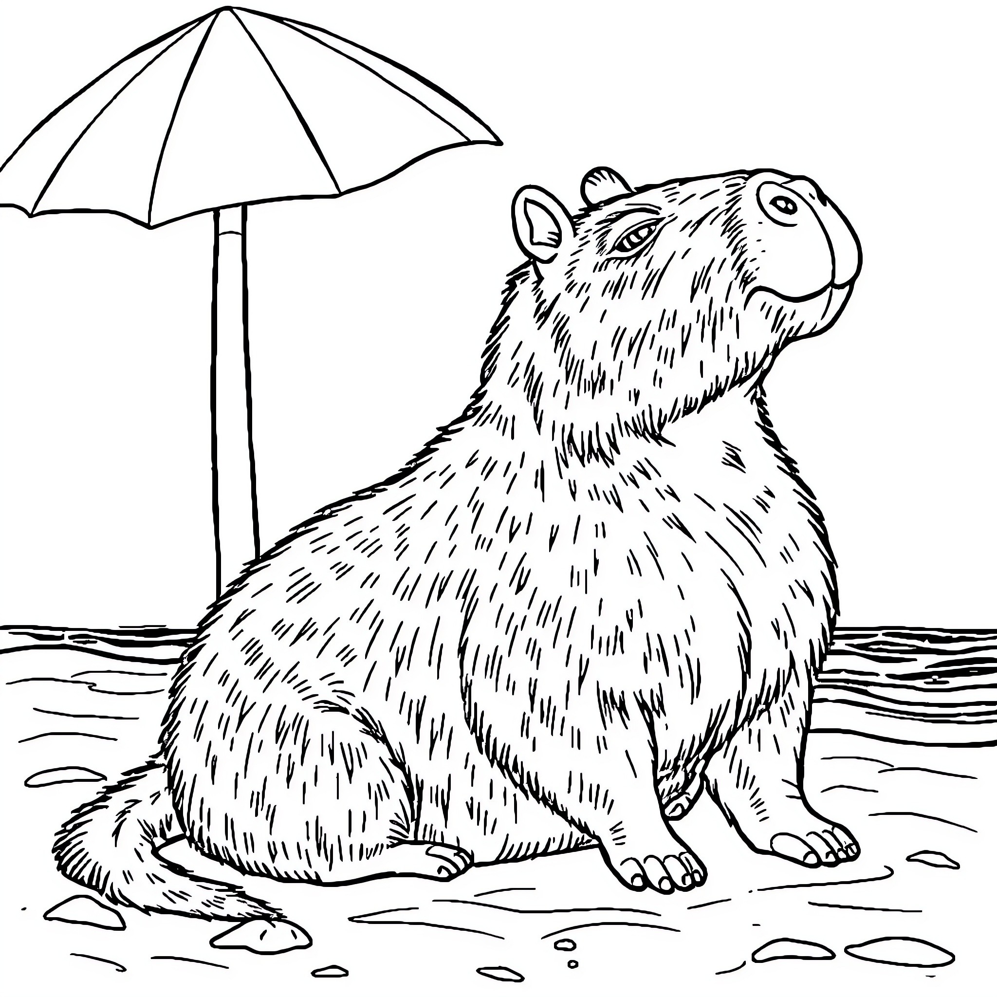 Capybara relaxing under a beach umbrella Coloring Page (free black-and-white line drawing printable PDF for all, from beginners to advanced learners, including children, teens, adults, and seniors)