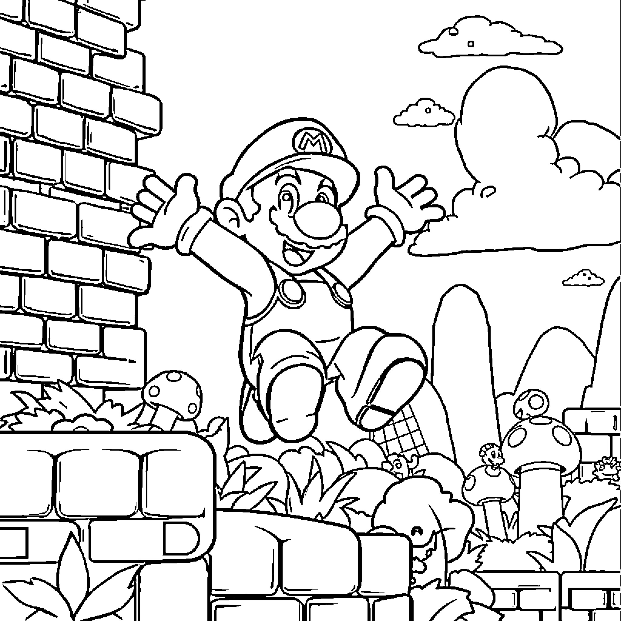 Super Mario Jumping Over Obstacles in Landscape Coloring Page (free black-and-white line drawing printable PDF for all, from beginners to advanced learners, including children, teens, adults, and seniors)