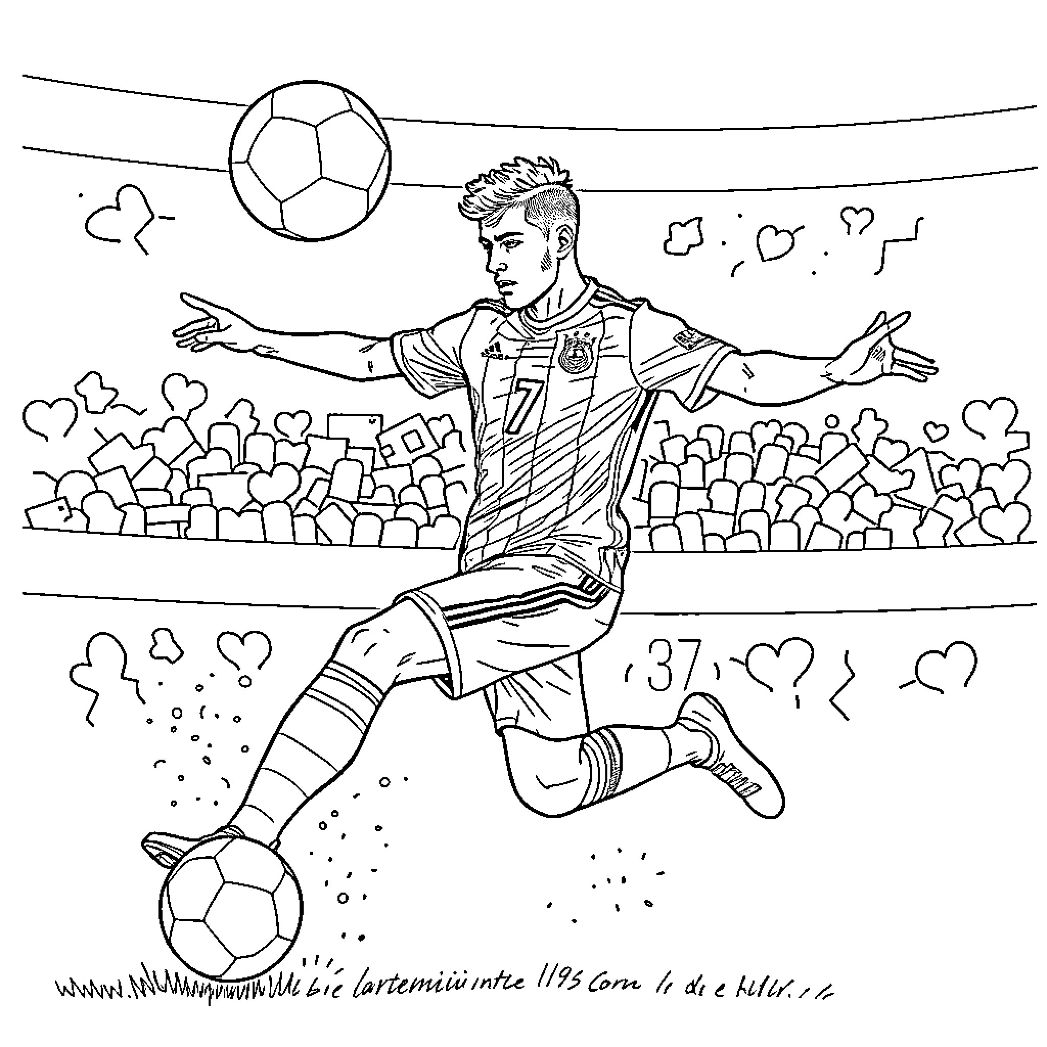 Cristiano Ronaldo celebrating a goal on the soccer field Coloring Page (free black-and-white line drawing printable PDF for all, from beginners to advanced learners, including children, teens, adults, and seniors)