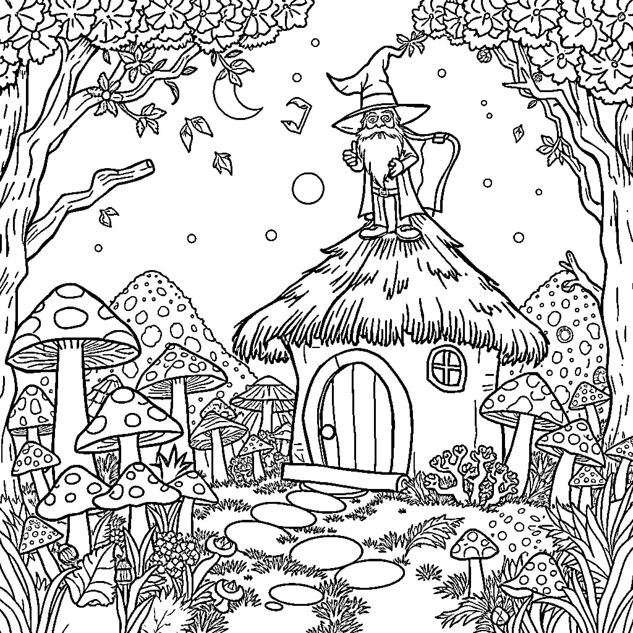 Wizard in a magical mushroom forest Coloring Page (free black-and-white line drawing printable PDF for all, from beginners to advanced learners, including children, teens, adults, and seniors)