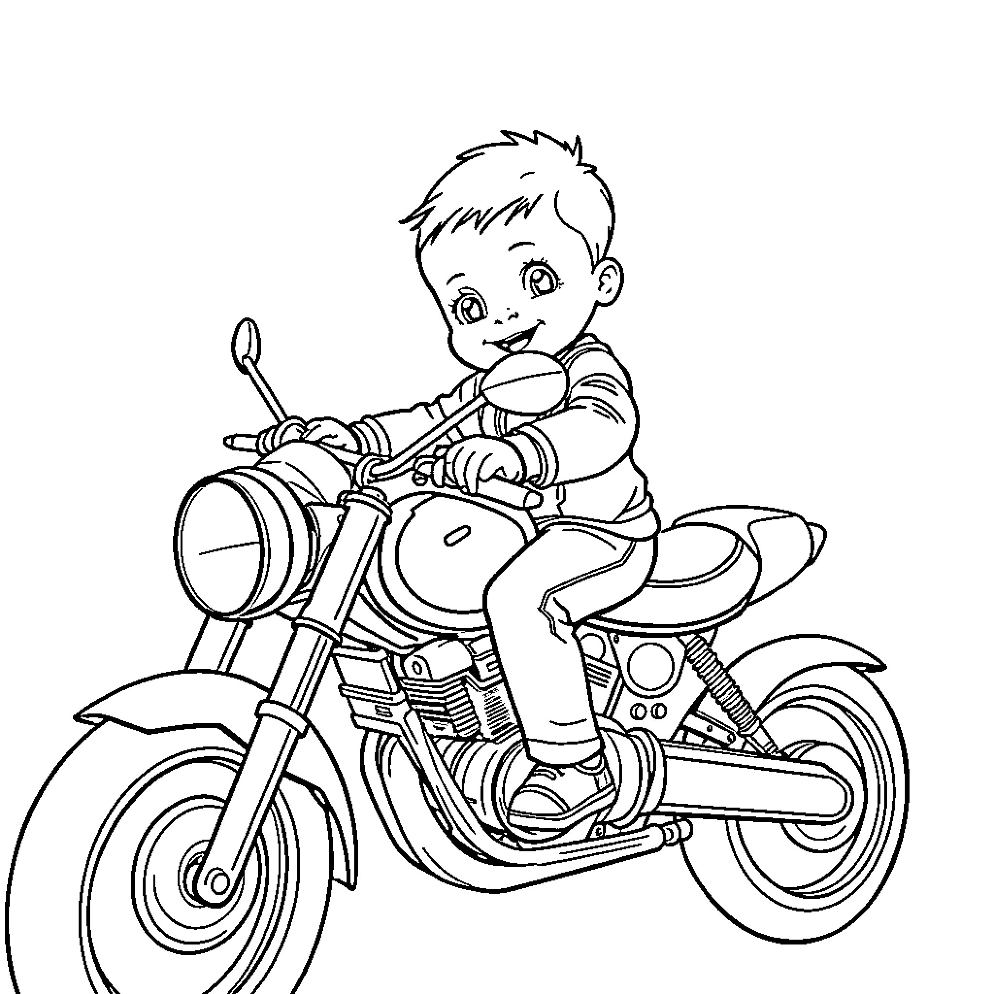 Boy Riding Motorcycle with Excitement Coloring Page (free black-and-white line drawing printable PDF for all, from beginners to advanced learners, including children, teens, adults, and seniors)