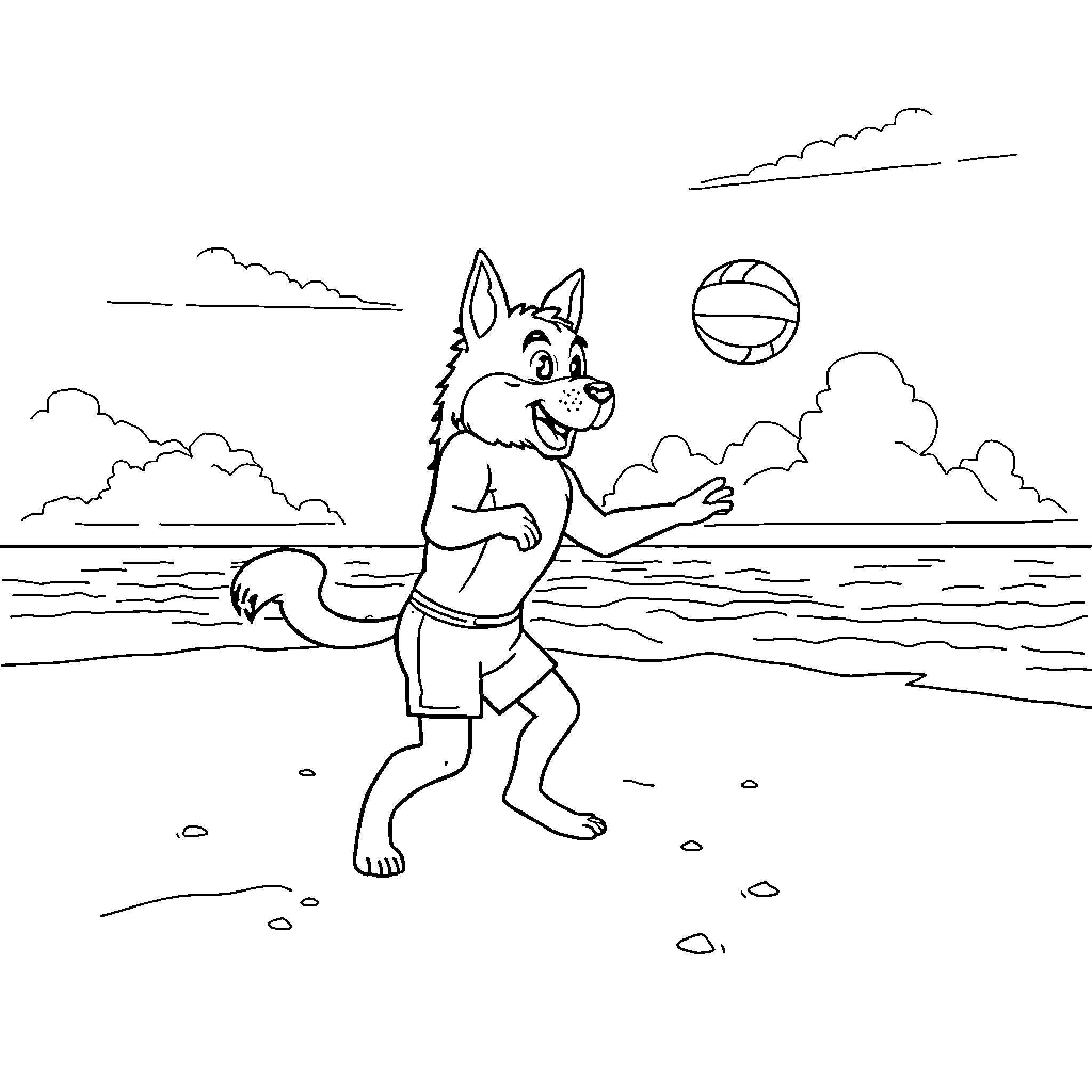 Huntrix playing with a beach ball on the shore Coloring Page (free black-and-white line drawing printable PDF for all, from beginners to advanced learners, including children, teens, adults, and seniors)