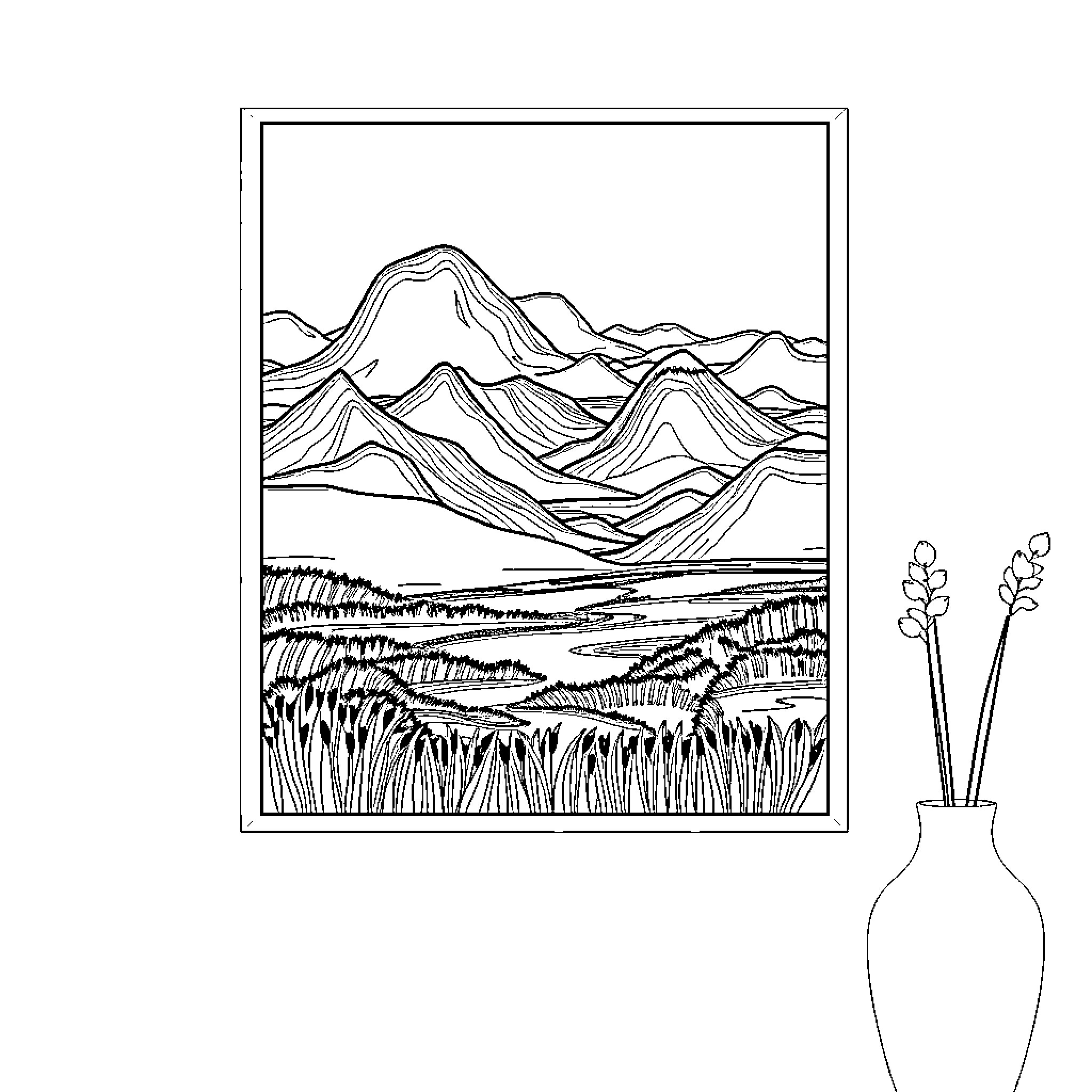 Navy Mountainous Landscape with Grasslands Coloring Page (free black-and-white line drawing printable PDF for all, from beginners to advanced learners, including children, teens, adults, and seniors)