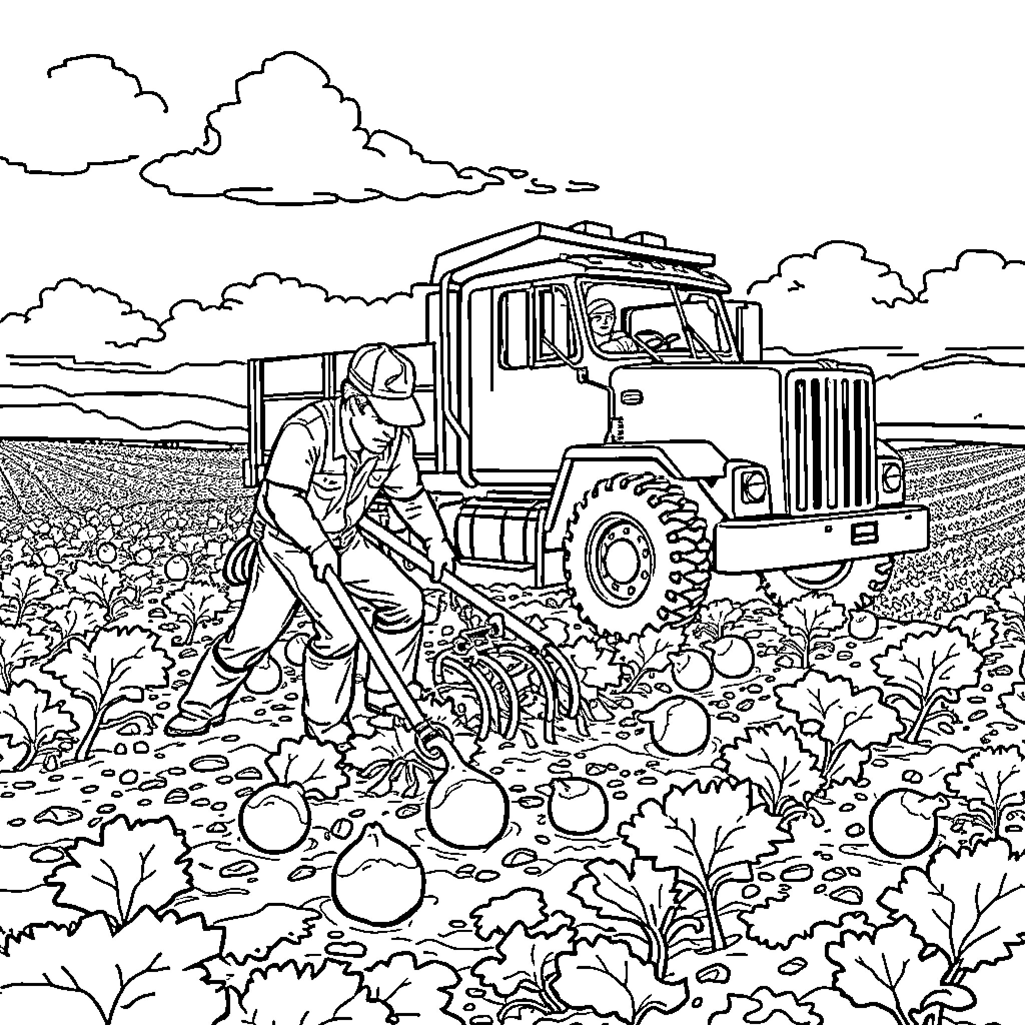 Sugar Beet Harvest: Farmers at Work in the Field Coloring Page (free black-and-white line drawing printable PDF for all, from beginners to advanced learners, including children, teens, adults, and seniors)