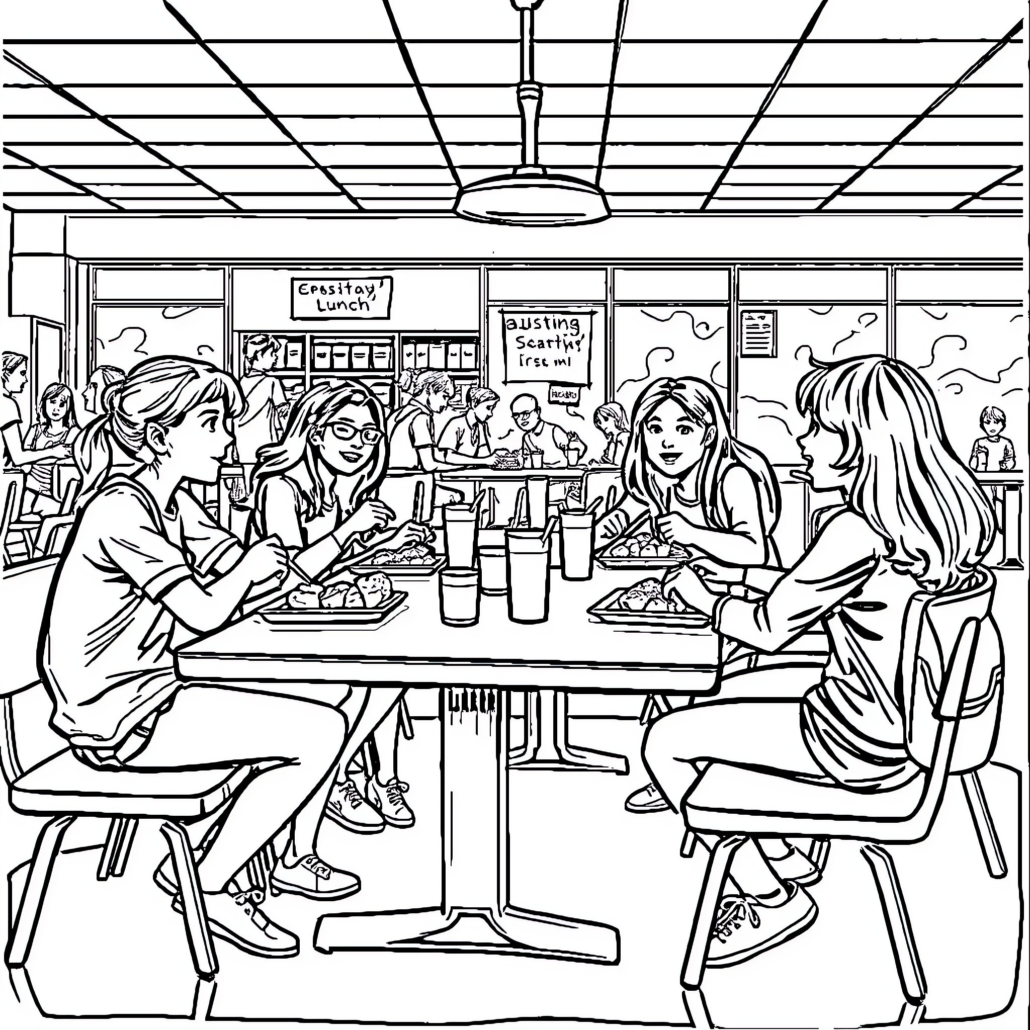 Friend enjoying a meal together at a casual diner Coloring Page (free black-and-white line drawing printable PDF for all, from beginners to advanced learners, including children, teens, adults, and seniors)