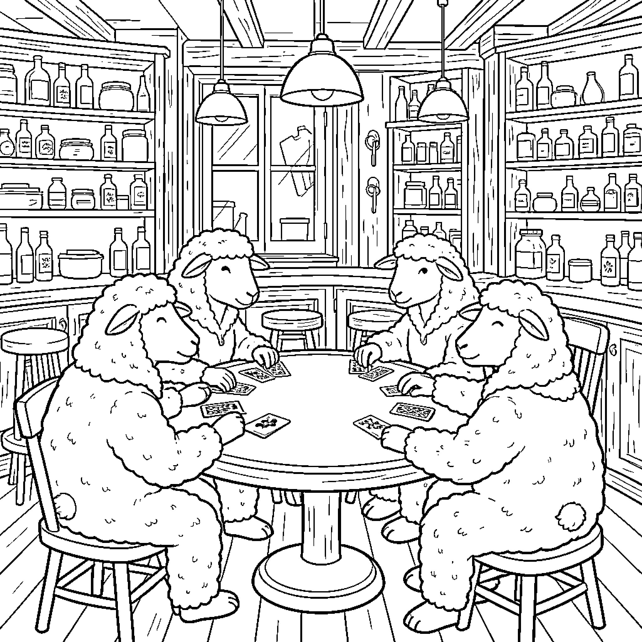 Sheep sitting around a table playing cards Coloring Page (free black-and-white line drawing printable PDF for all, from beginners to advanced learners, including children, teens, adults, and seniors)