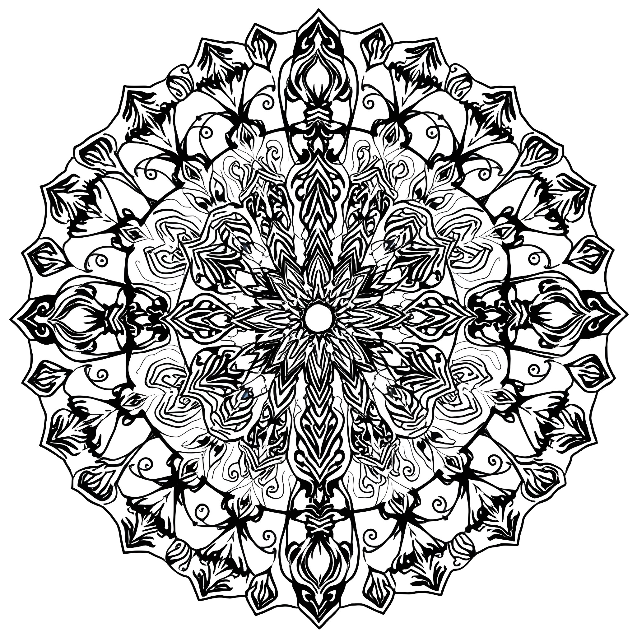 Mandala of intricate floral and geometric patterns Coloring Page (free black-and-white line drawing printable PDF for all, from beginners to advanced learners, including children, teens, adults, and seniors)