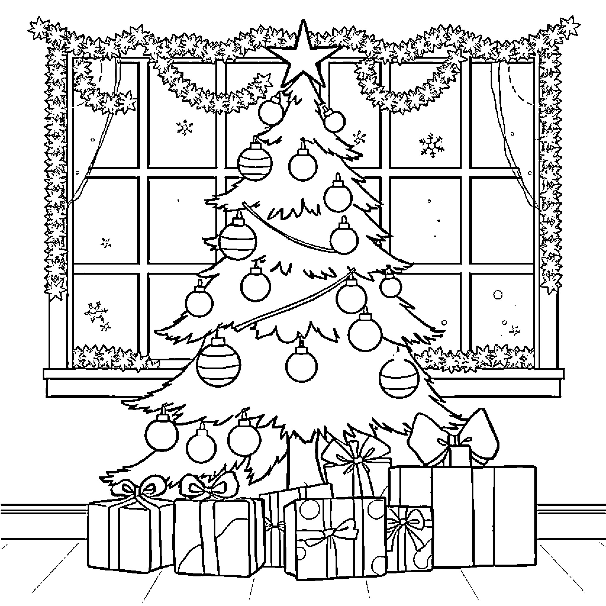 Christmas Tree with Ornaments and Gifts Coloring Page (free black-and-white line drawing printable PDF for all, from beginners to advanced learners, including children, teens, adults, and seniors)