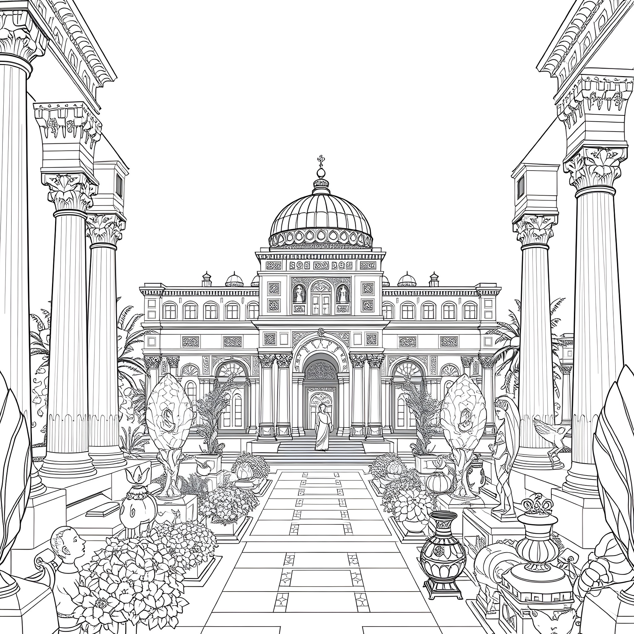 Life in a Majestic Palace Garden Coloring Page (free black-and-white line drawing printable PDF for all, from beginners to advanced learners, including children, teens, adults, and seniors)