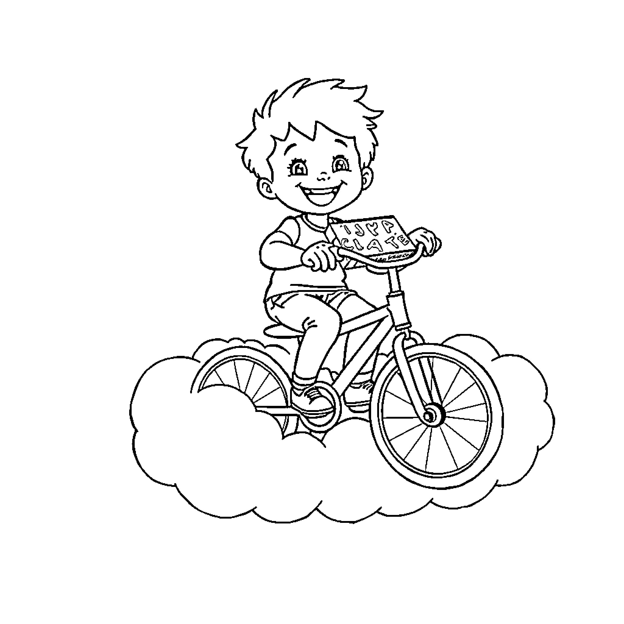 Child riding bicycle on clouds Coloring Page (free black-and-white line drawing printable PDF for all, from beginners to advanced learners, including children, teens, adults, and seniors)