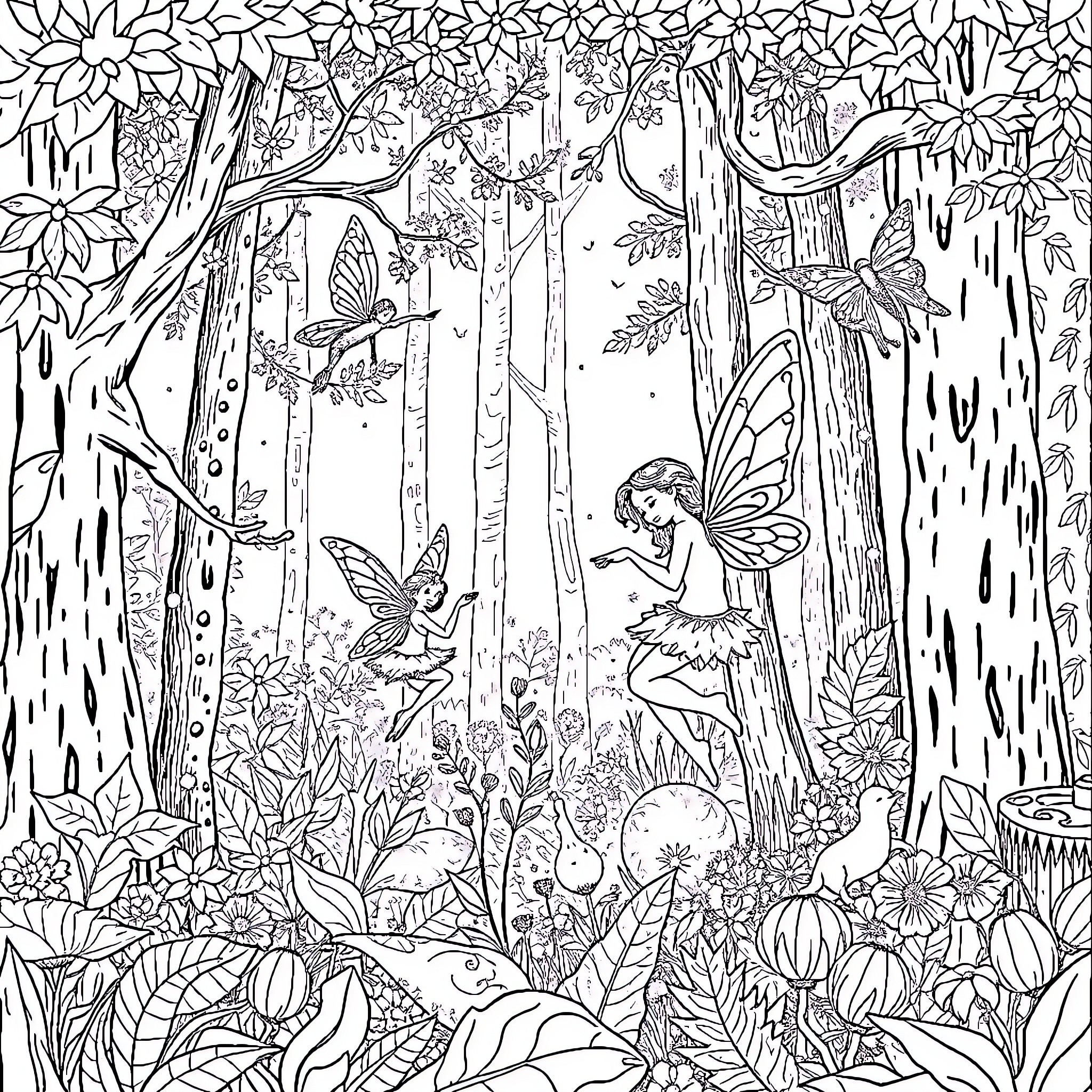 Fairy creatures dancing in enchanted forest Coloring Page (free black-and-white line drawing printable PDF for all, from beginners to advanced learners, including children, teens, adults, and seniors)