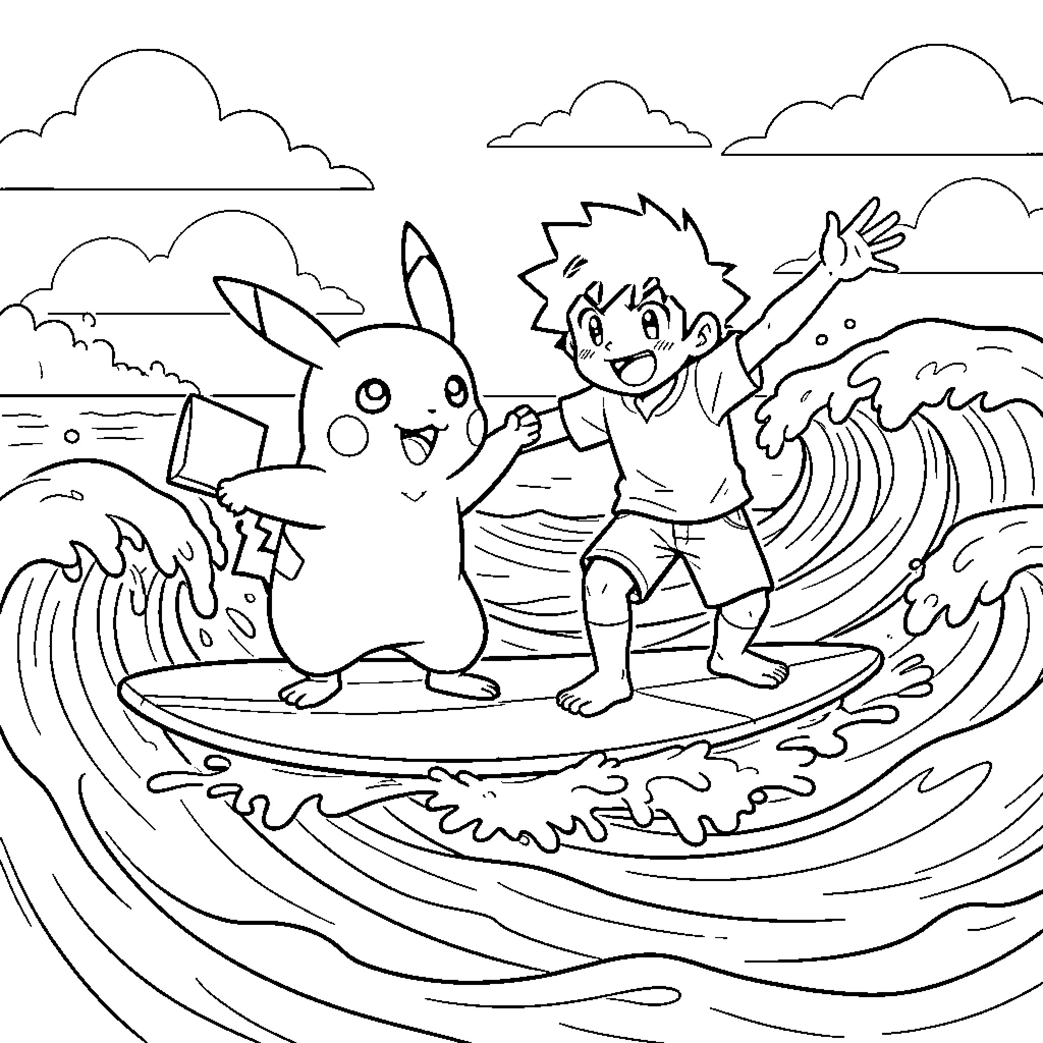Pikachu and boy playing by the waves Coloring Page (free black-and-white line drawing printable PDF for all, from beginners to advanced learners, including children, teens, adults, and seniors)
