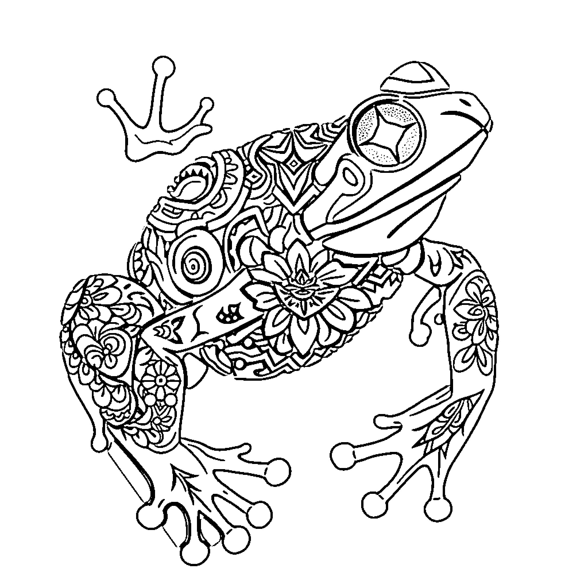 Frog with intricate floral patterns Coloring Page (free black-and-white line drawing printable PDF for all, from beginners to advanced learners, including children, teens, adults, and seniors)