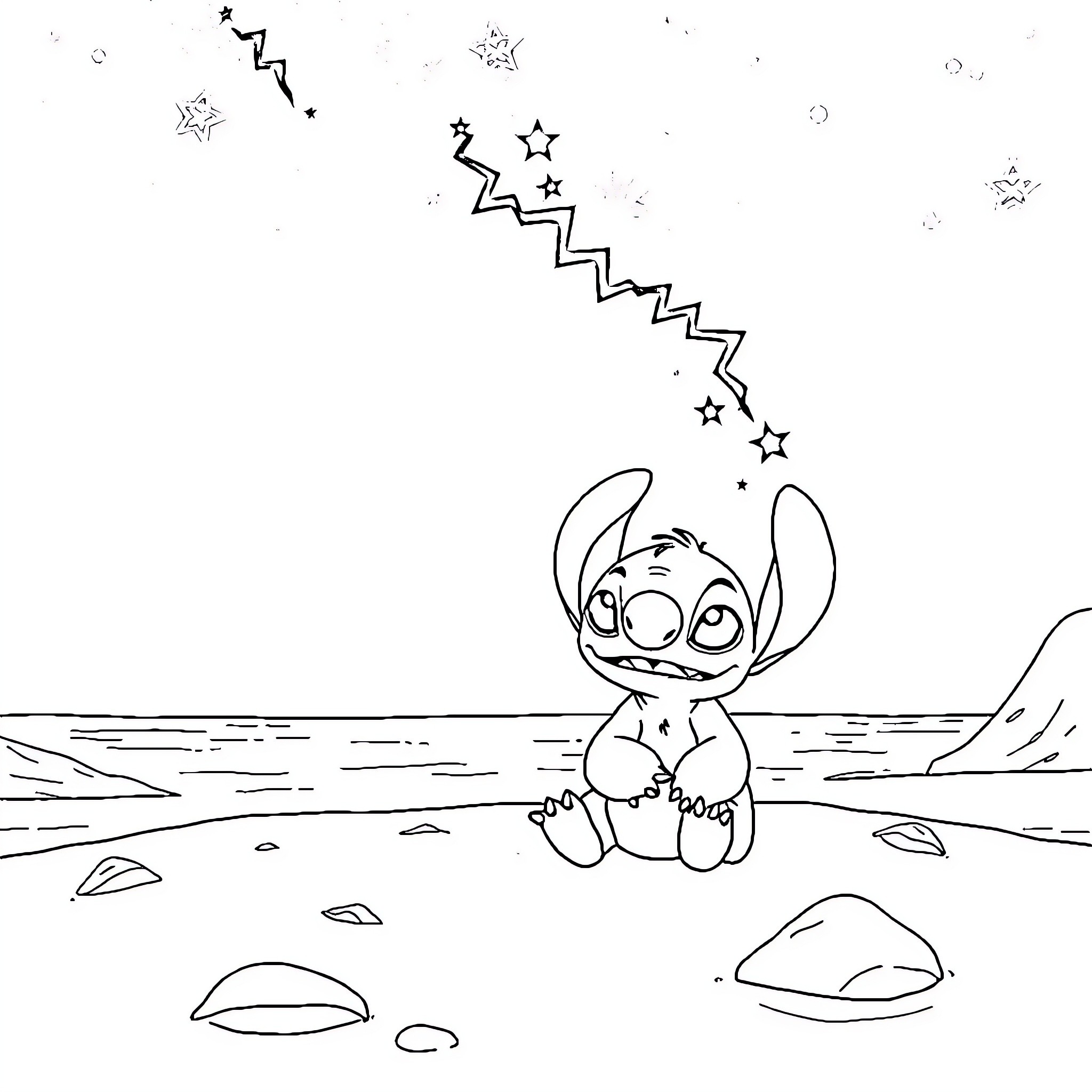 Lilo And Stitch Sitting By The Ocean With Stars Coloring Page (free black-and-white line drawing printable PDF for all, from beginners to advanced learners, including children, teens, adults, and seniors)