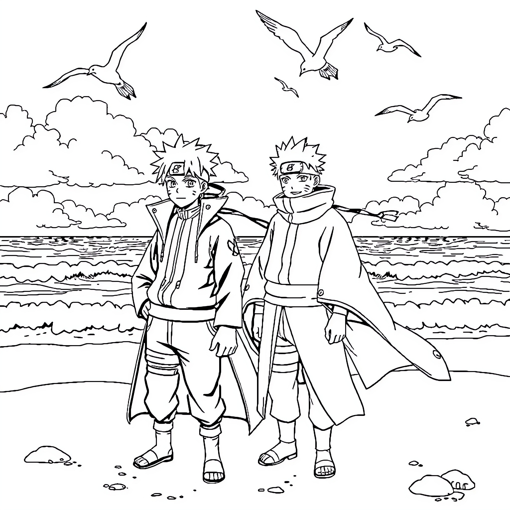 Naruto and Naruto Facing the Calm Ocean Coloring Page (free black-and-white line drawing printable PDF for all, from beginners to advanced learners, including children, teens, adults, and seniors)