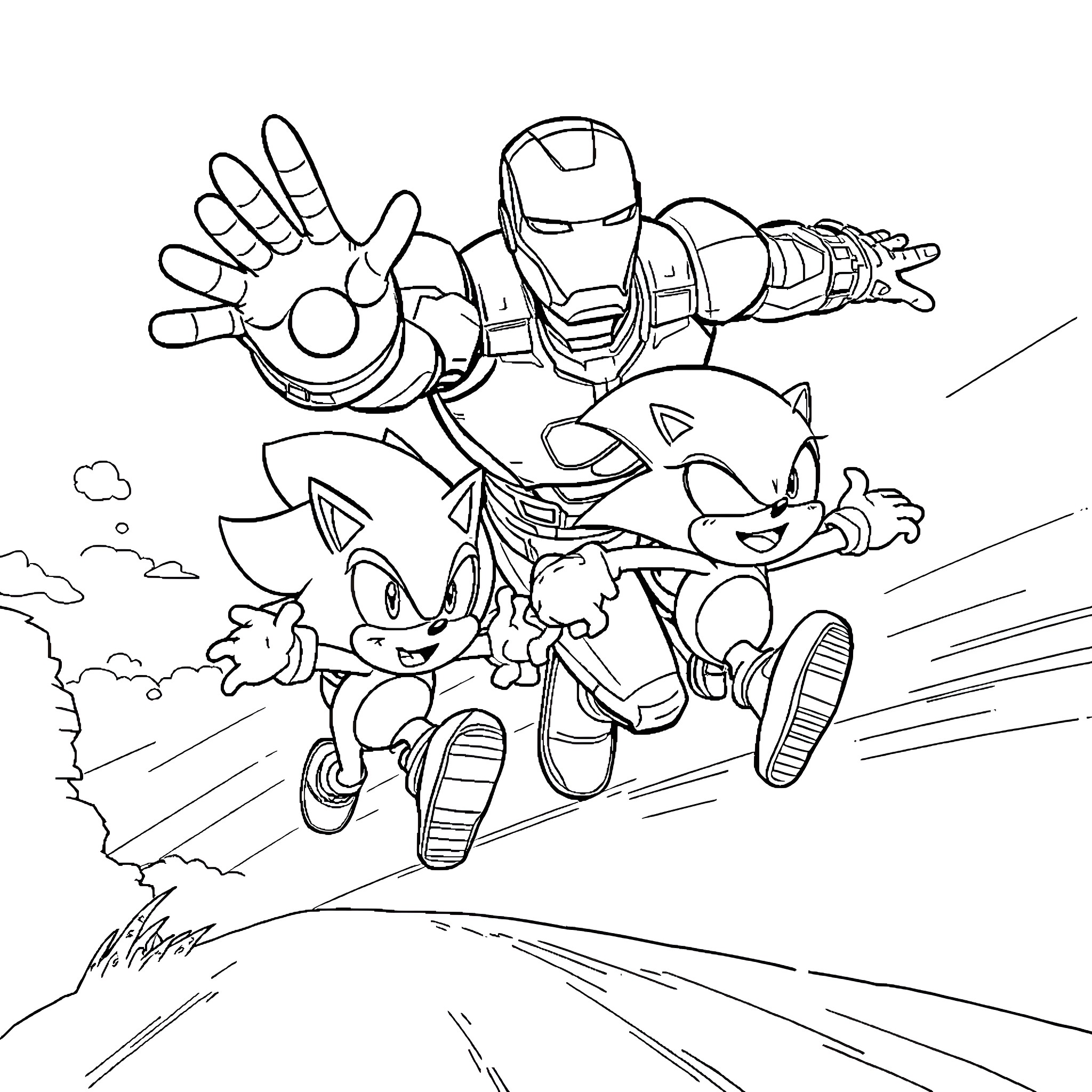 Iron Man and Friends in Thrilling Action Coloring Page (free black-and-white line drawing printable PDF for all, from beginners to advanced learners, including children, teens, adults, and seniors)