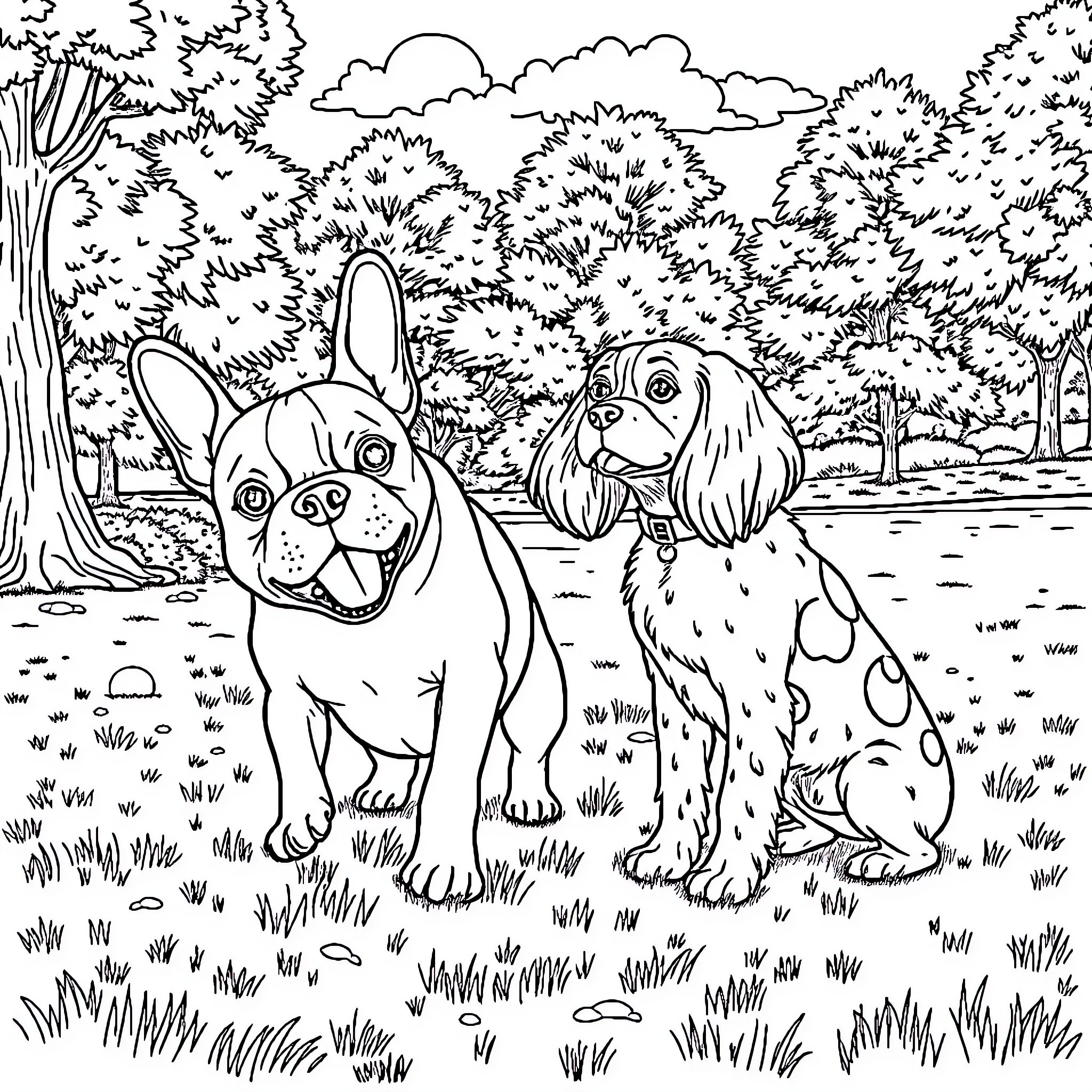 Dog Friends Exploring the Outdoors Coloring Page (free black-and-white line drawing printable PDF for all, from beginners to advanced learners, including children, teens, adults, and seniors)