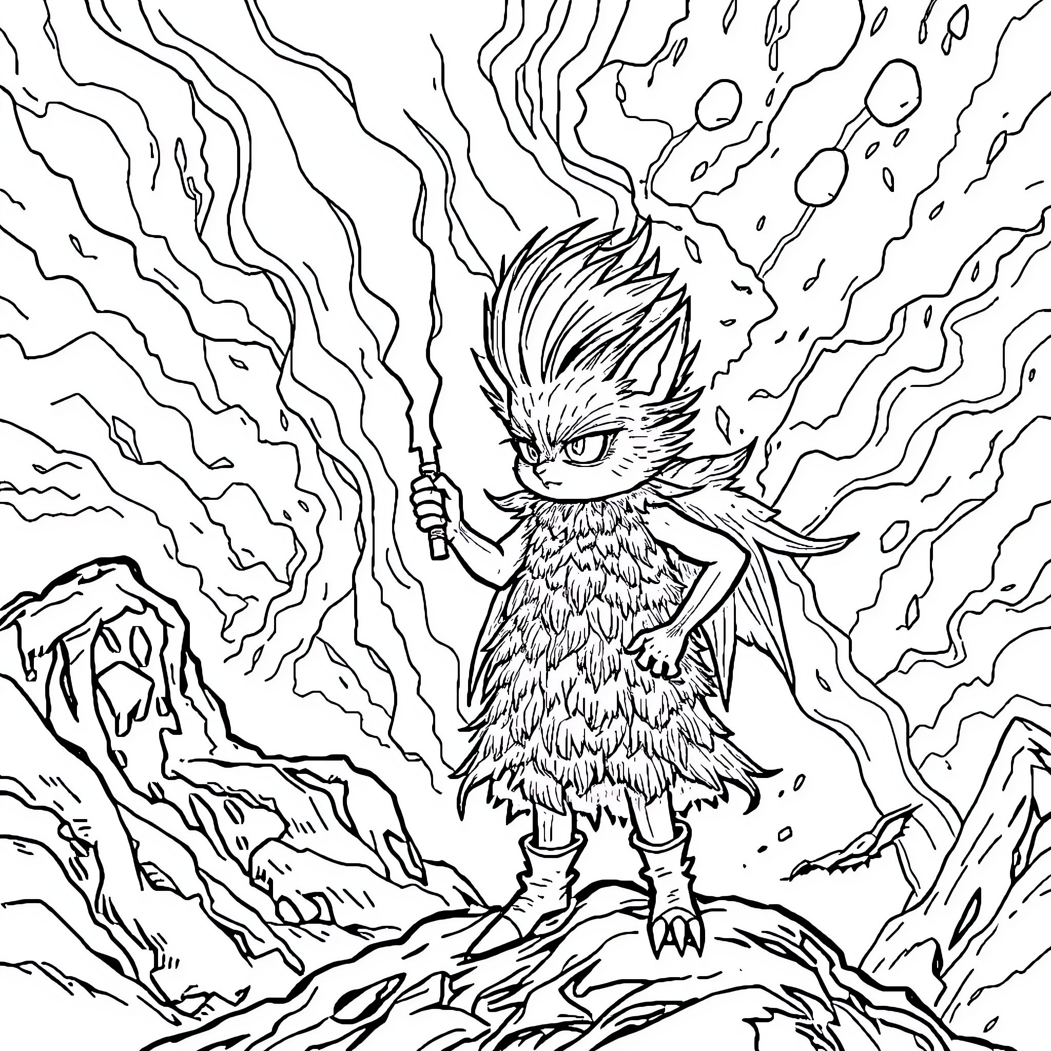Smurfette facing adversity in a surreal landscape Coloring Page (free black-and-white line drawing printable PDF for all, from beginners to advanced learners, including children, teens, adults, and seniors)