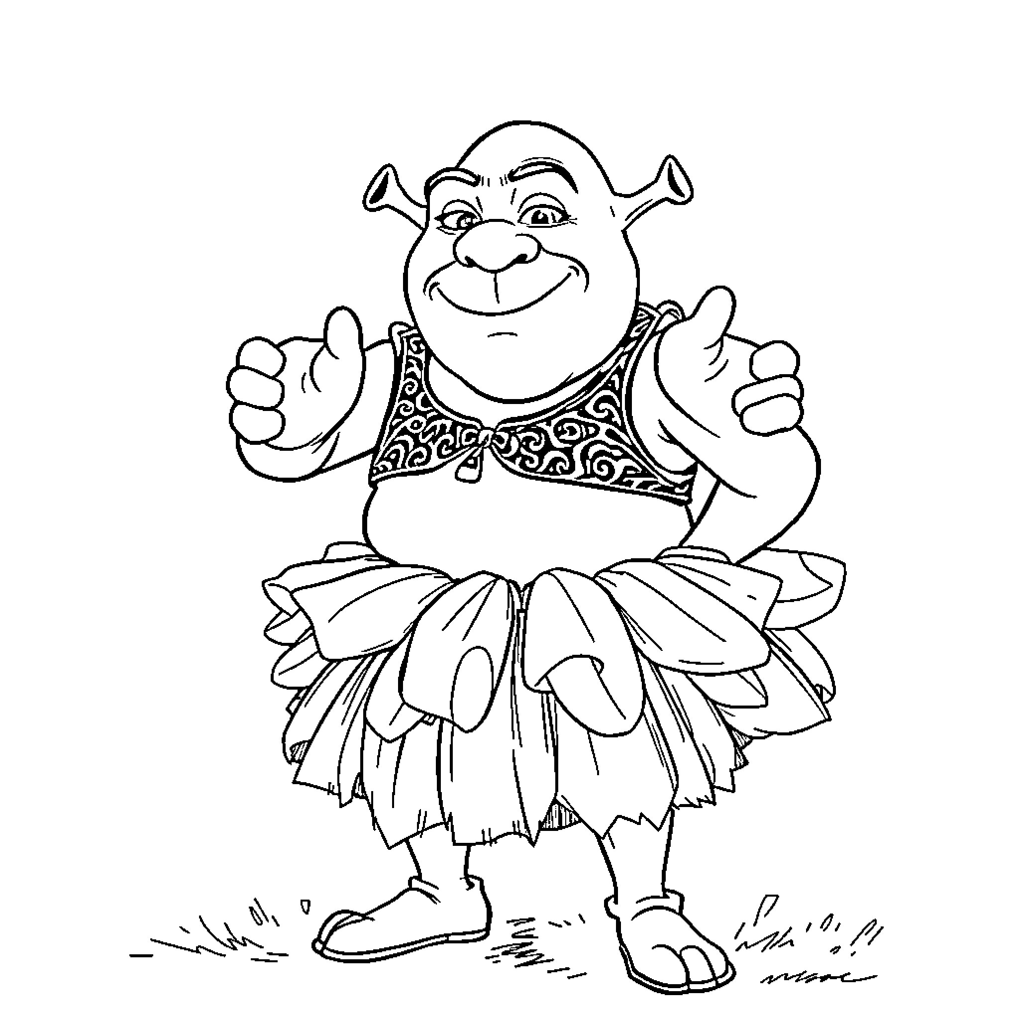 Shrek dancing in a tutu Coloring Page (free black-and-white line drawing printable PDF for all, from beginners to advanced learners, including children, teens, adults, and seniors)