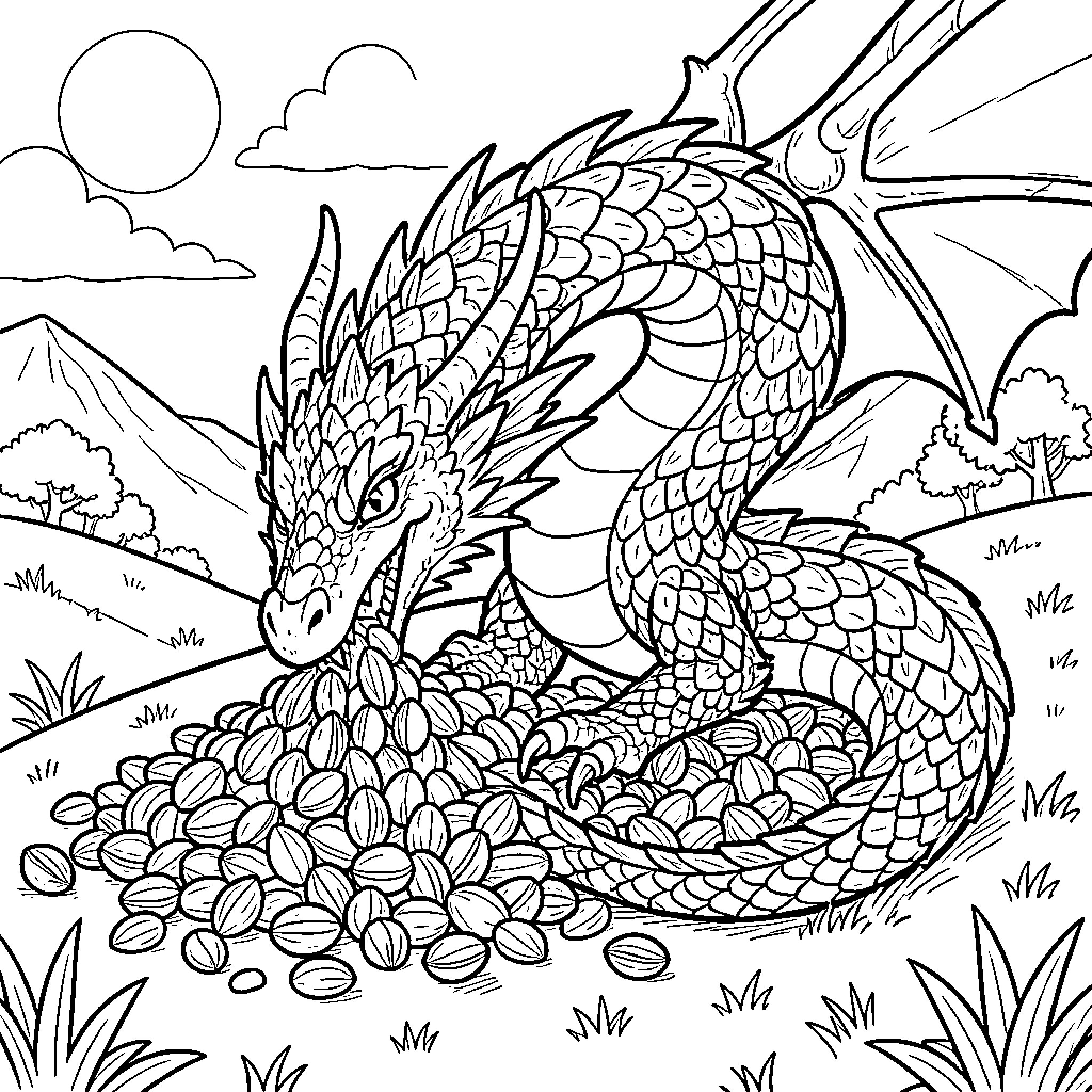 Dragon guarding a treasure hoard in the wild Coloring Page (free black-and-white line drawing printable PDF for all, from beginners to advanced learners, including children, teens, adults, and seniors)