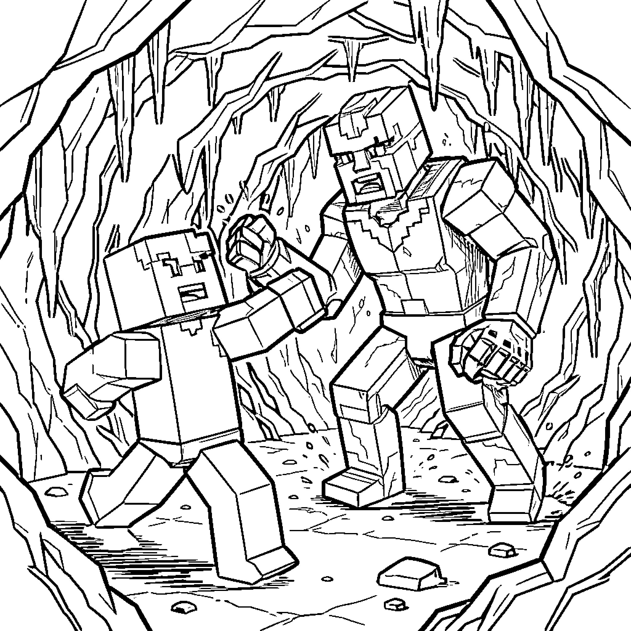 Steve's Minecraft Adventure in the Ominous Cave Coloring Page (free black-and-white line drawing printable PDF for all, from beginners to advanced learners, including children, teens, adults, and seniors)