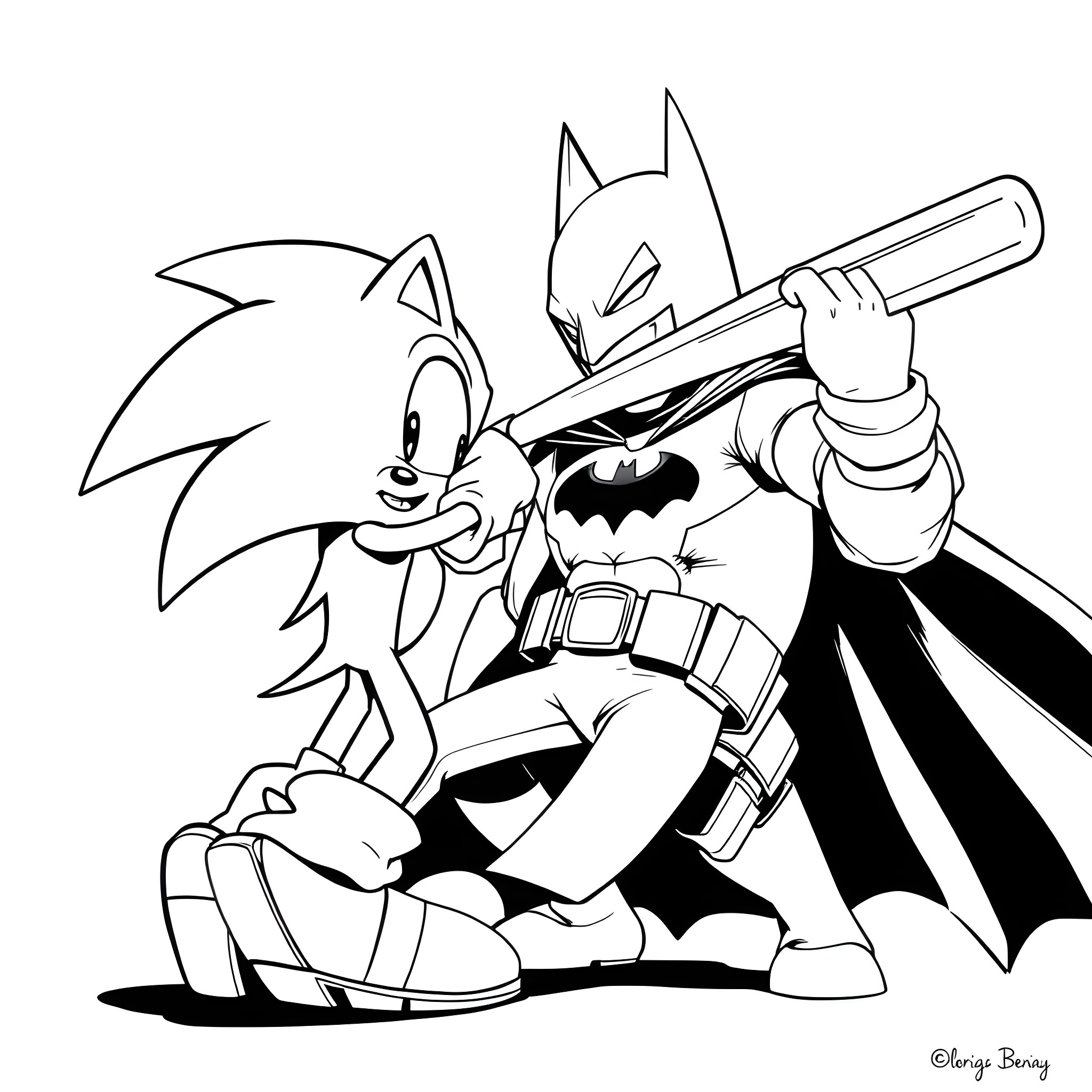 Sonic teaming up with Batman in action Coloring Page (free black-and-white line drawing printable PDF for all, from beginners to advanced learners, including children, teens, adults, and seniors)
