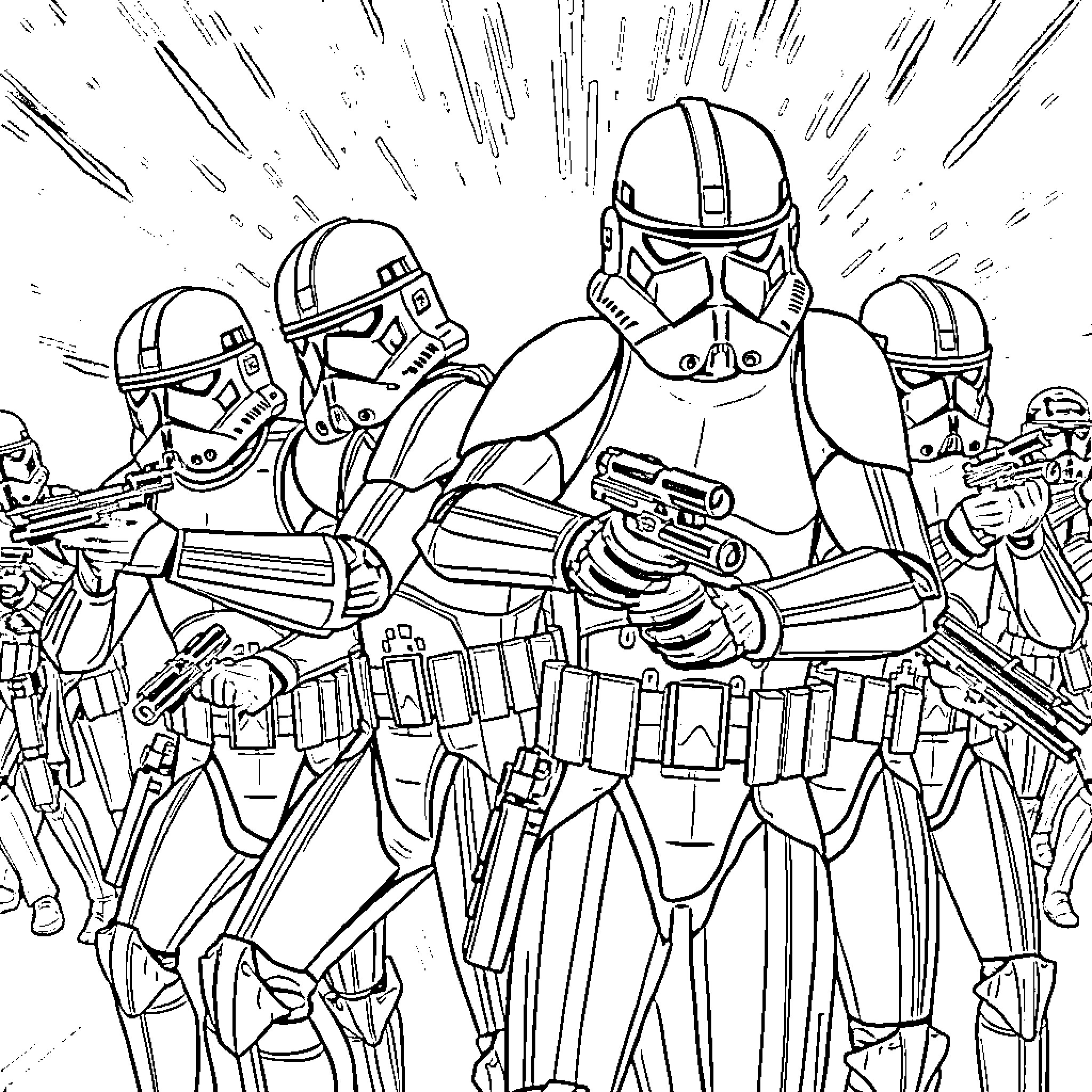 Trooper Soldiers in Action with Intense Weaponry Coloring Page (free black-and-white line drawing printable PDF for all, from beginners to advanced learners, including children, teens, adults, and seniors)