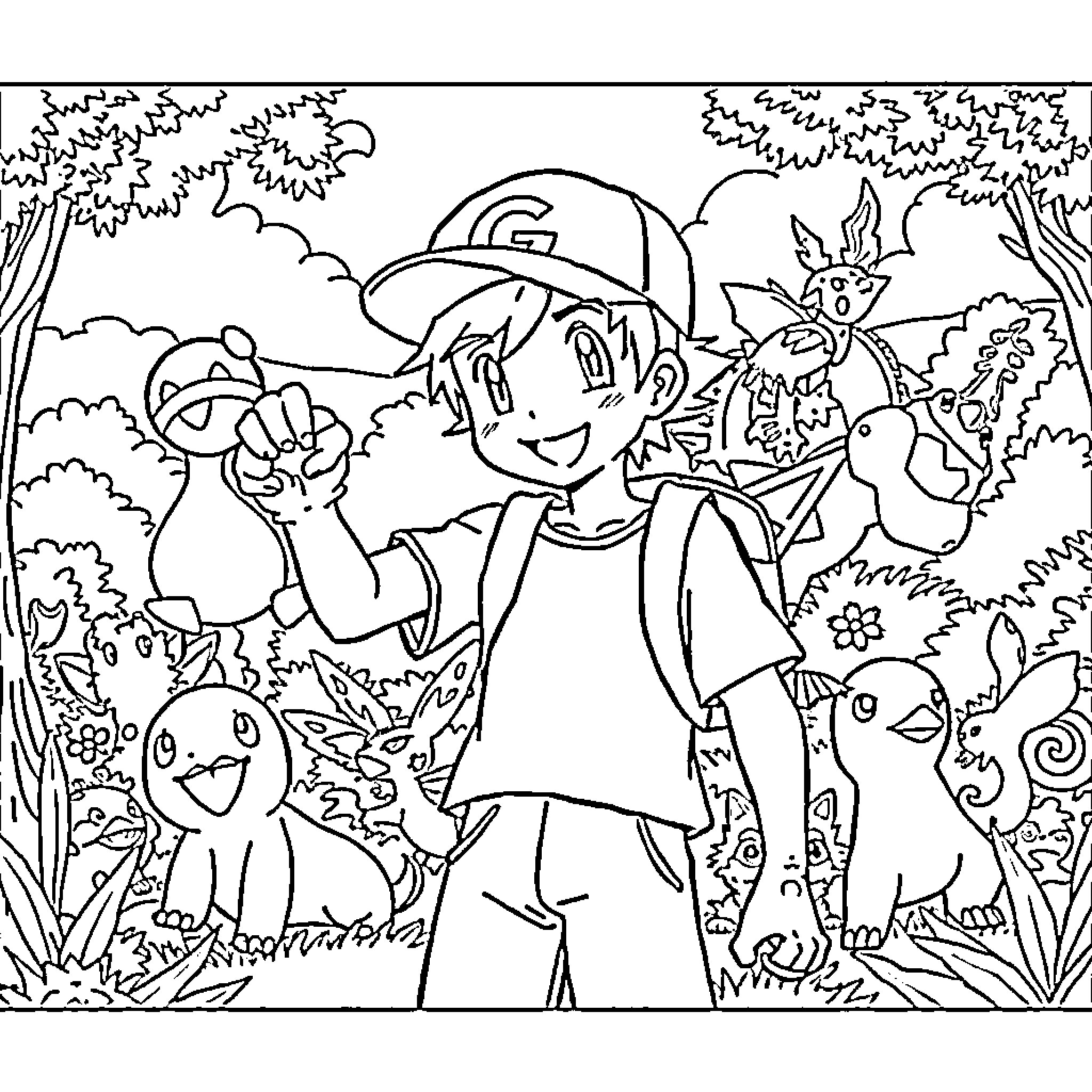 Ash Ketchum exploring the wilderness with his Pokemon friends Coloring Page (free black-and-white line drawing printable PDF for all, from beginners to advanced learners, including children, teens, adults, and seniors)