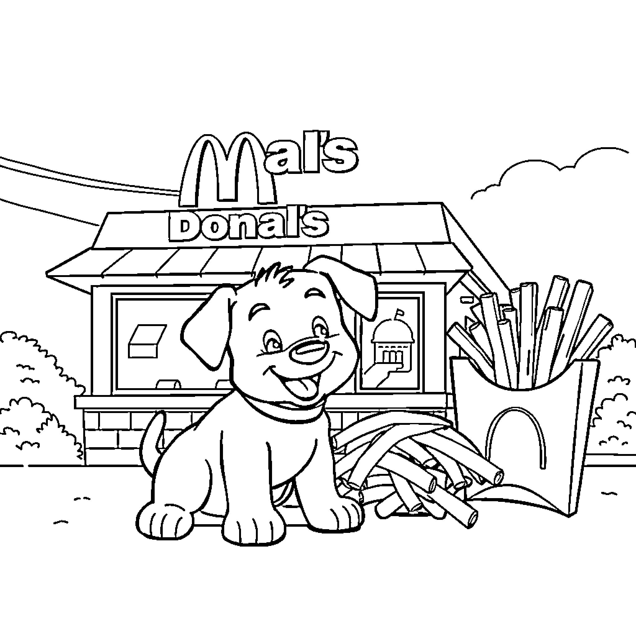 Puppy sitting outside a fast food restaurant Coloring Page (free black-and-white line drawing printable PDF for all, from beginners to advanced learners, including children, teens, adults, and seniors)
